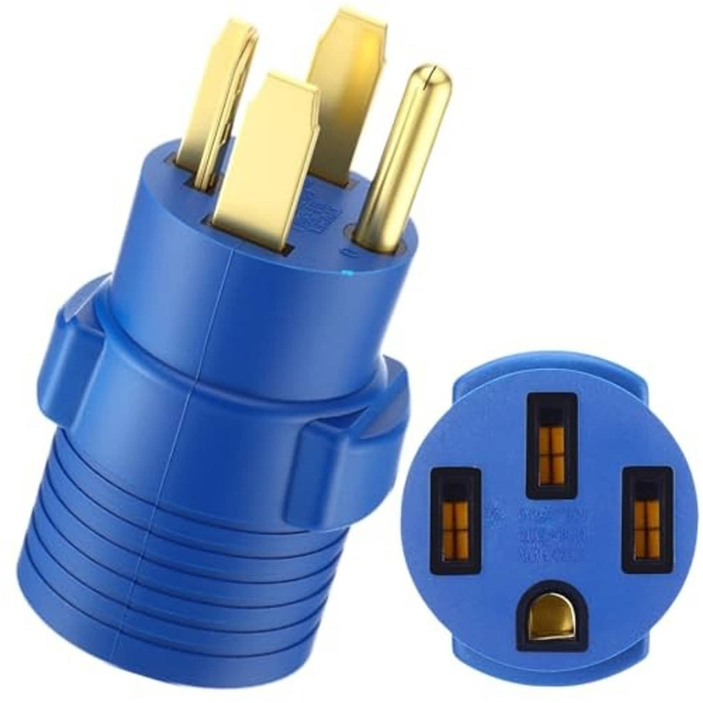 Blue 4-prong adapter plug with gold prongs and front round receptacle view