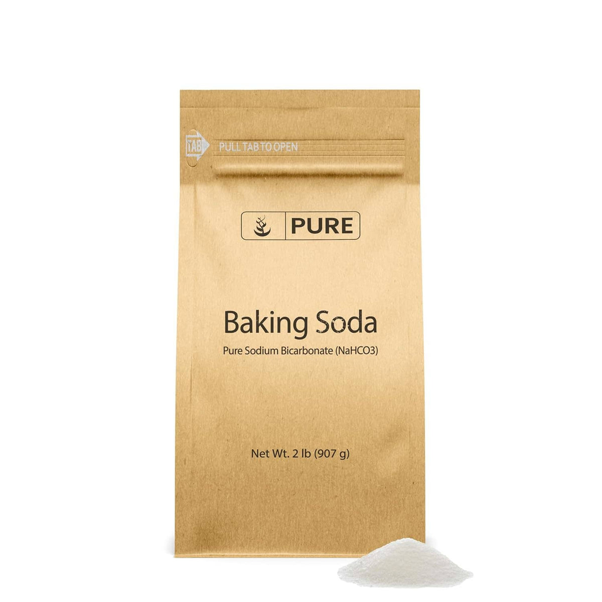 Baking soda pouch front with PURE emblem and net weight marking