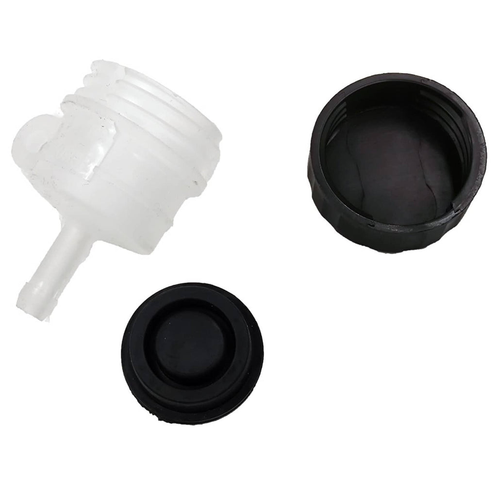 Brake fluid reservoir body with black base cap and circular rubber seal