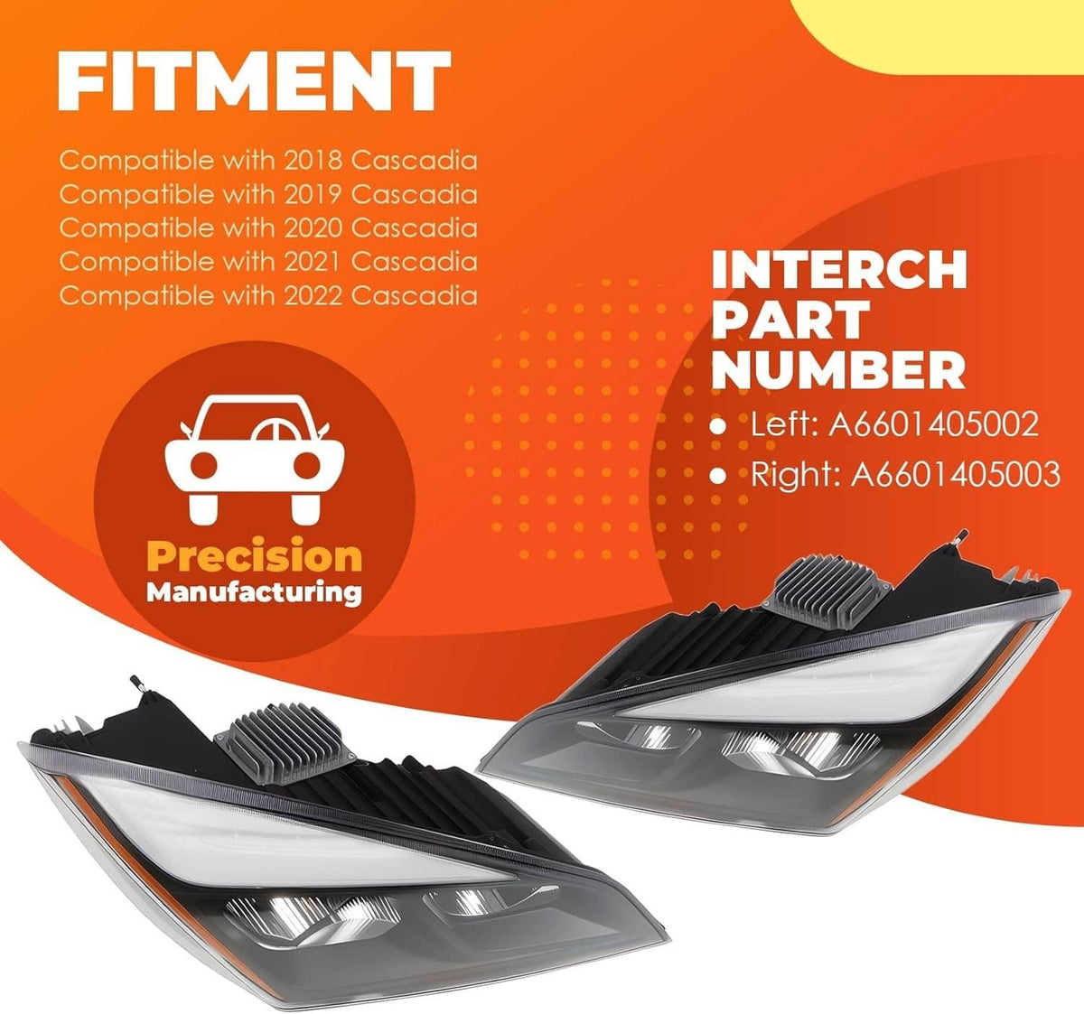 LED headlight pair with vented housing and clear lens, angled product view