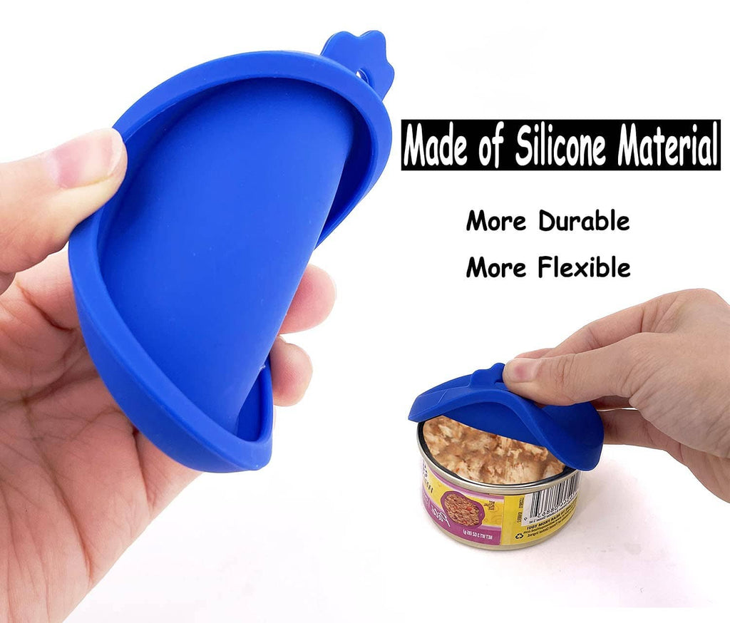 Silicone pet can lid, blue, held in hand and fitted over a cat food can