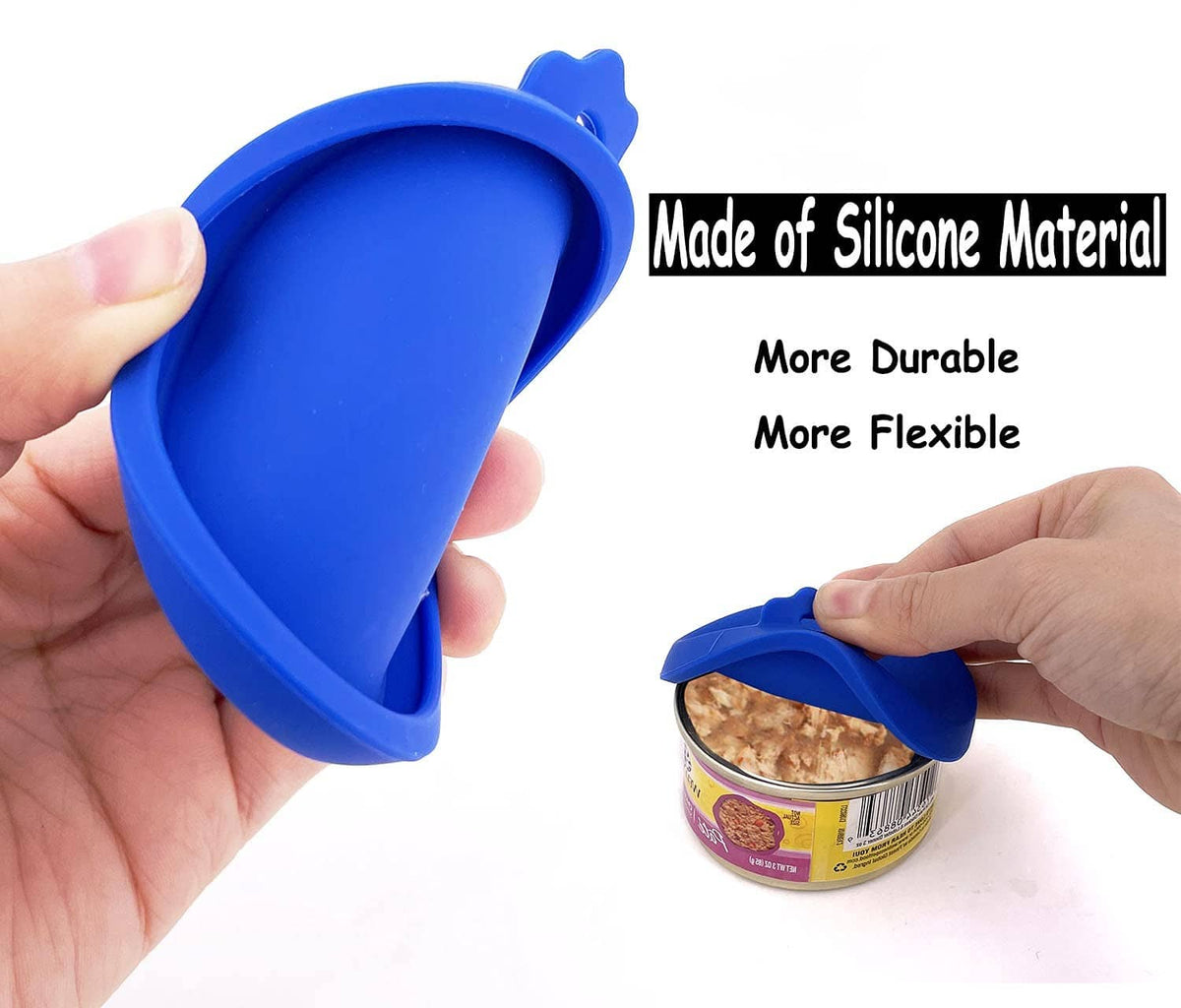 Silicone pet can lid, blue, held in hand and fitted over a cat food can