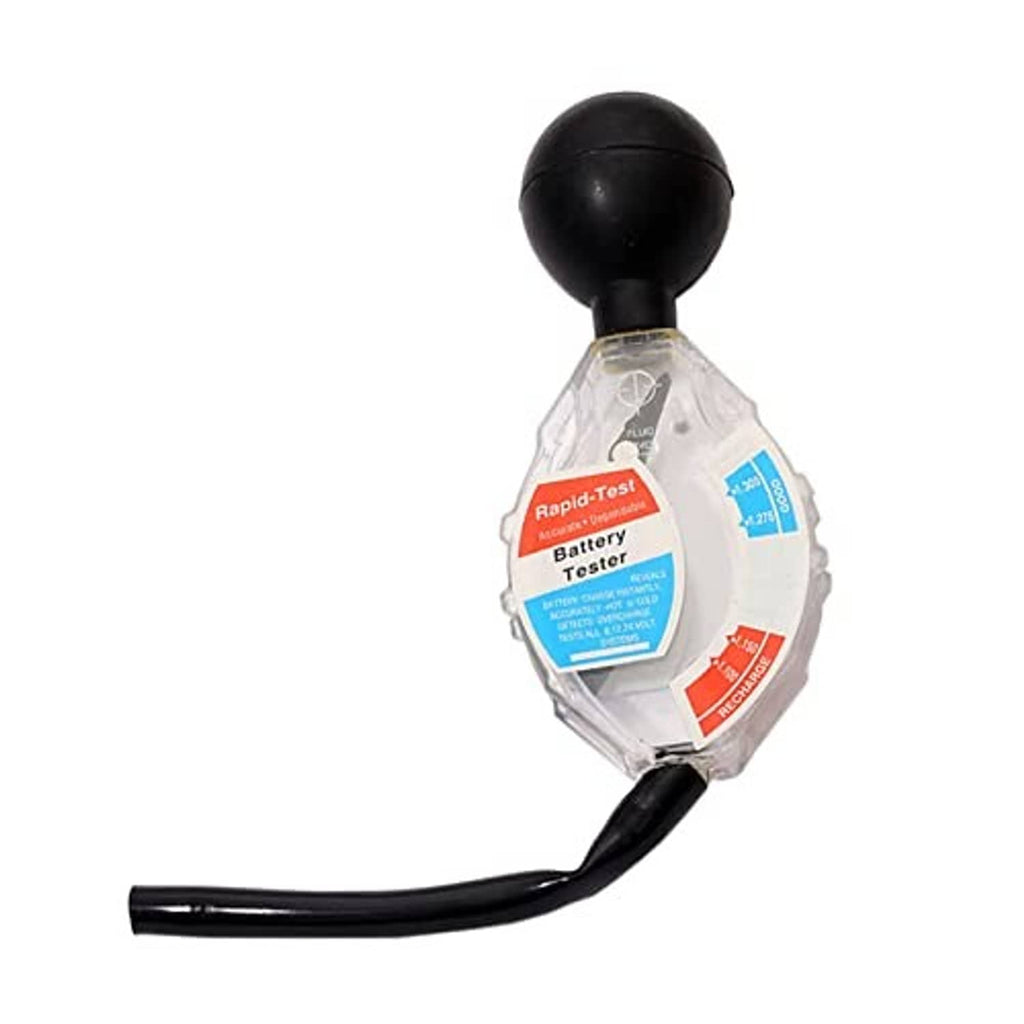 Battery hydrometer tester with clear chamber, black rubber bulb, and colored indicator labels