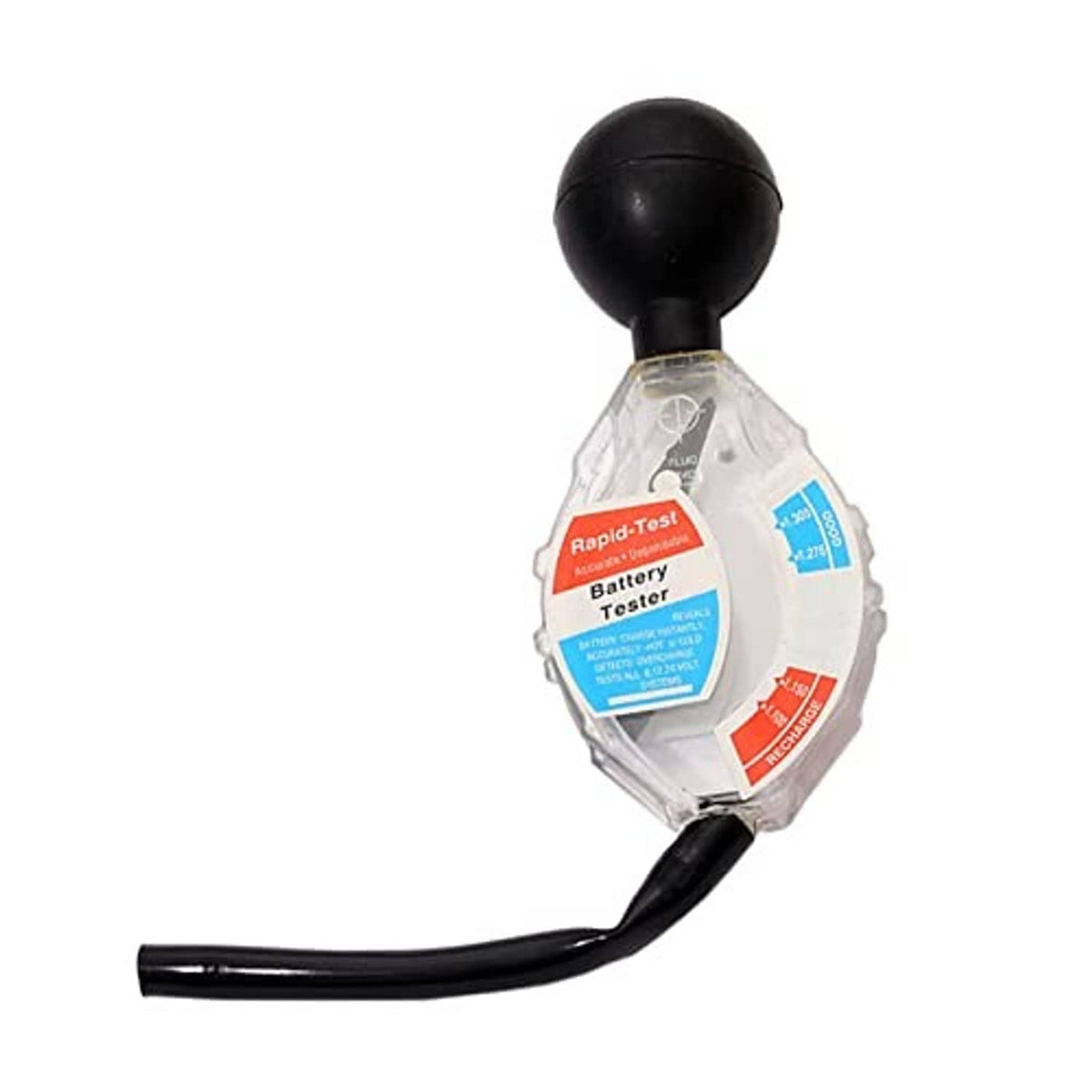 Battery hydrometer tester with clear chamber, black rubber bulb, and colored indicator labels