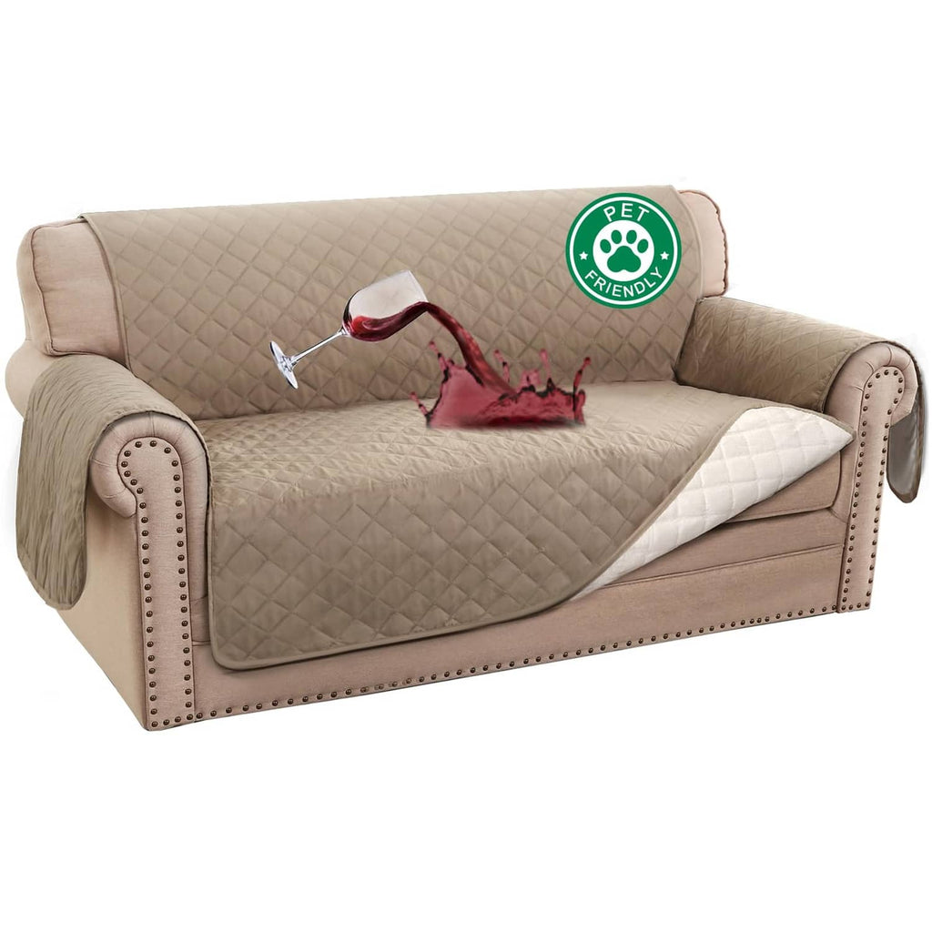 Khaki quilted waterproof loveseat sofa cover with stitched armrest panels