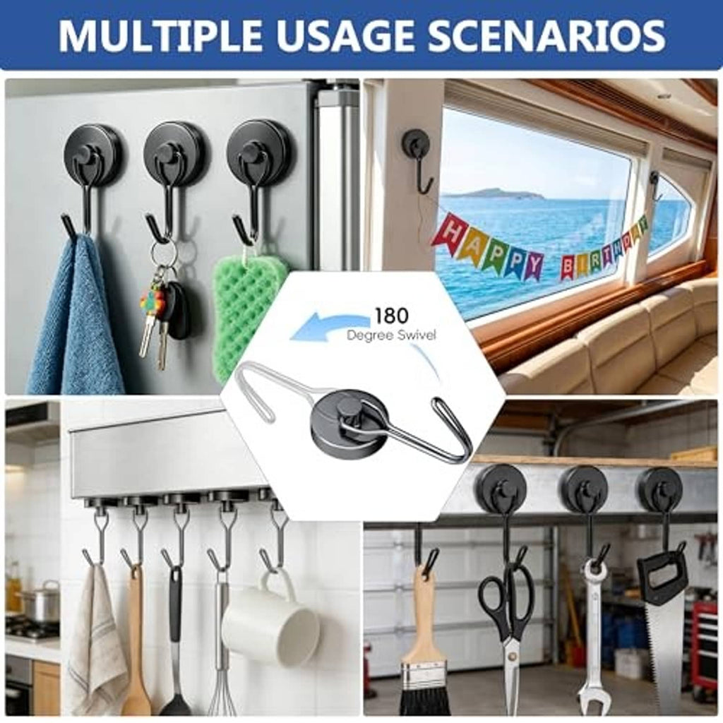 Black magnetic hook set with curved steel hooks and circular magnetic bases, mixed sizes