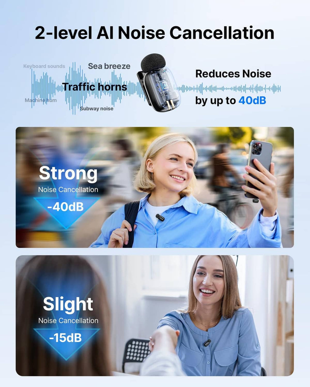 BOYA mini wireless microphones with black foam windscreens, shown with noise cancellation
