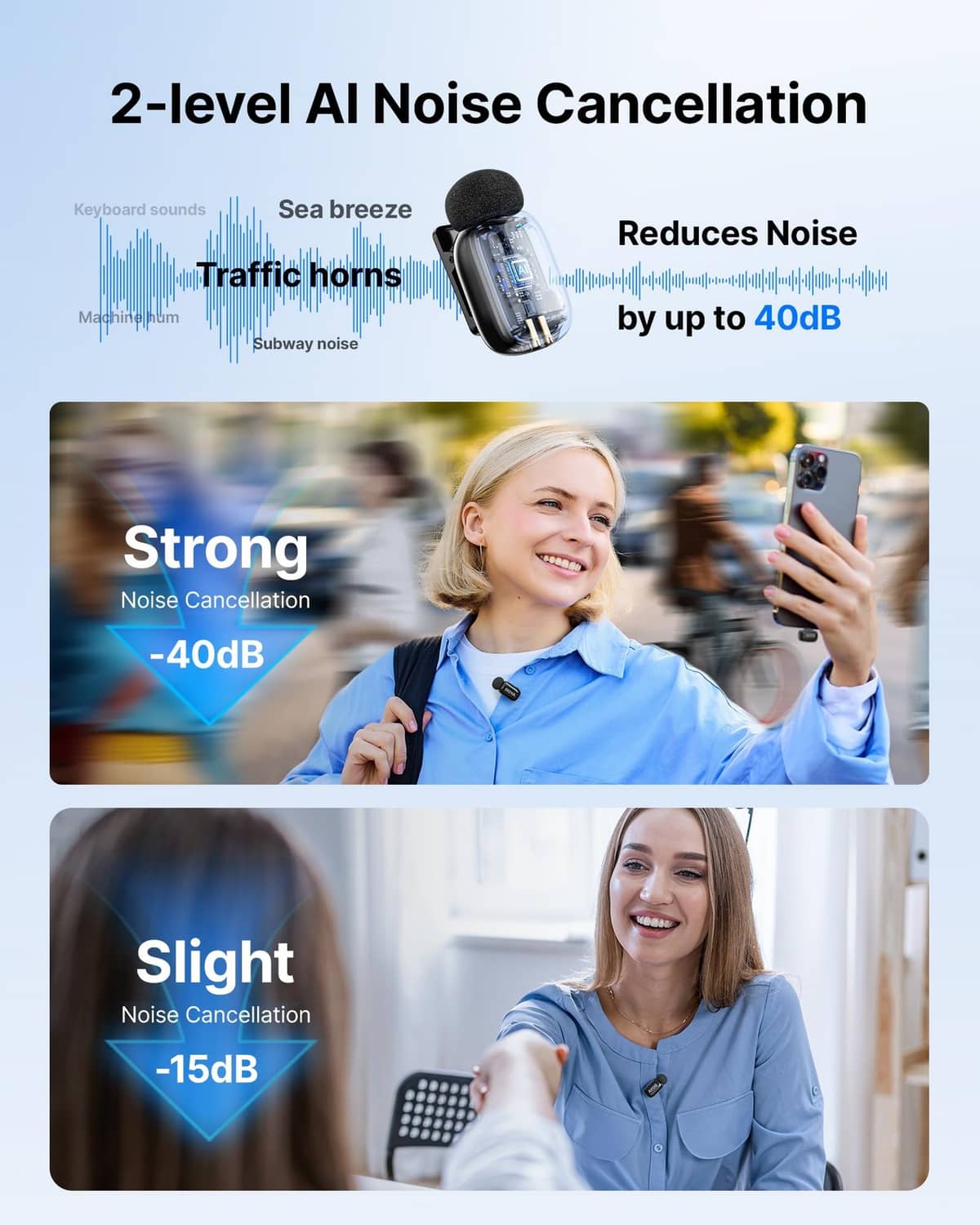 BOYA mini wireless microphones with black foam windscreens, shown with noise cancellation