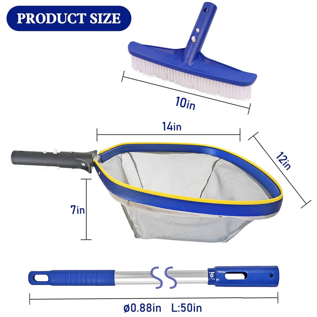 Pool brush and skimmer bag with measurement diagram and blue handle