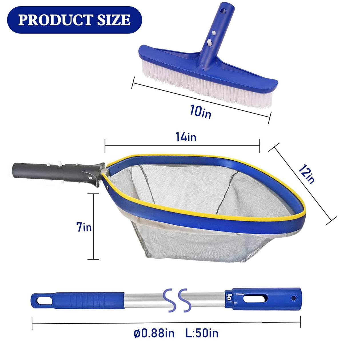 Pool brush and skimmer bag with measurement diagram and blue handle