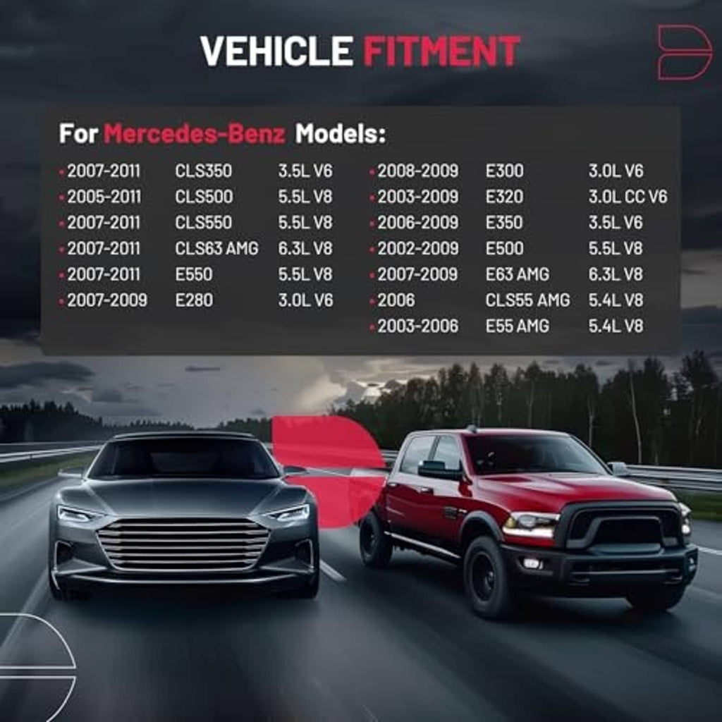 Vehicle fitment chart for engine coolant overflow tank compatible with select Mercedes models