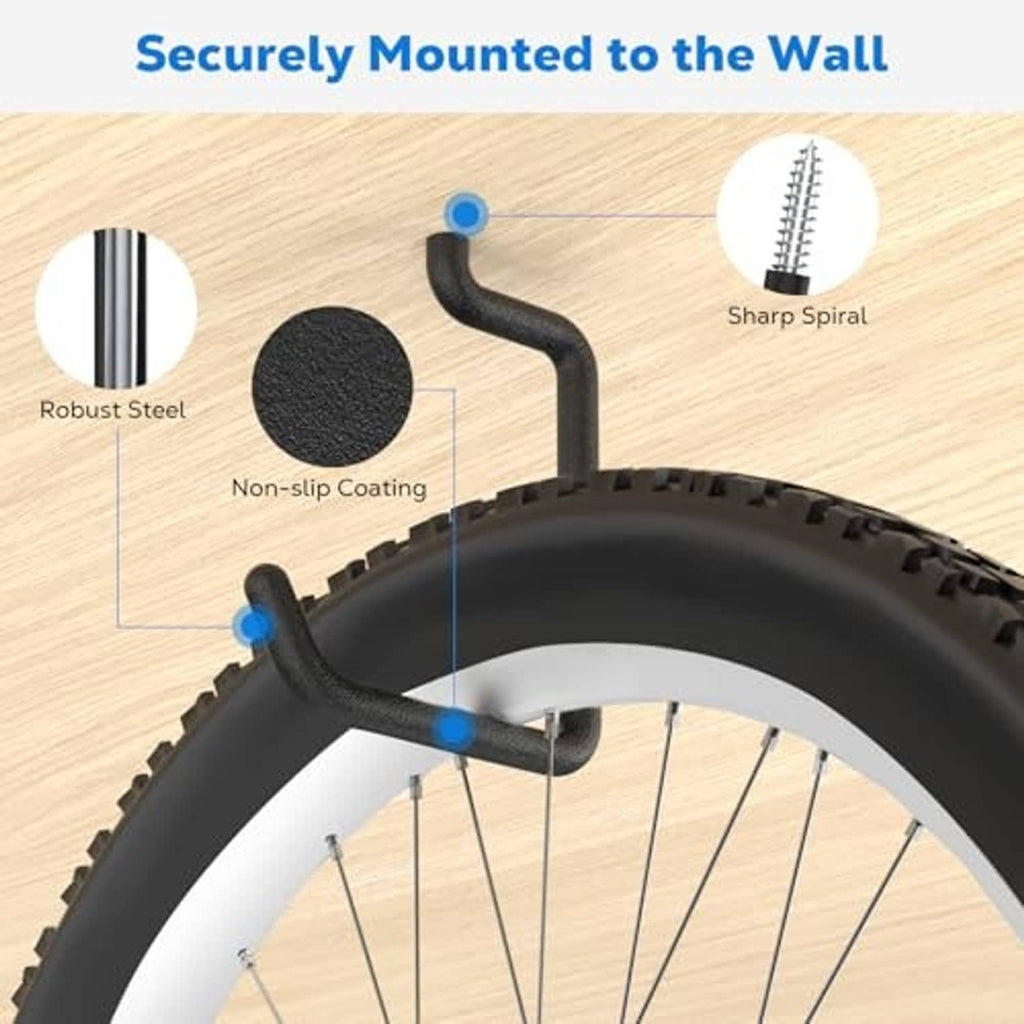 Close-up of a black screw-in bike hook with non-slip coating and sharp spiral tip
