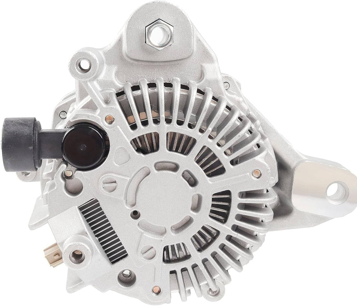 Automotive alternator with cooling fan blades and pulley, silver metal body