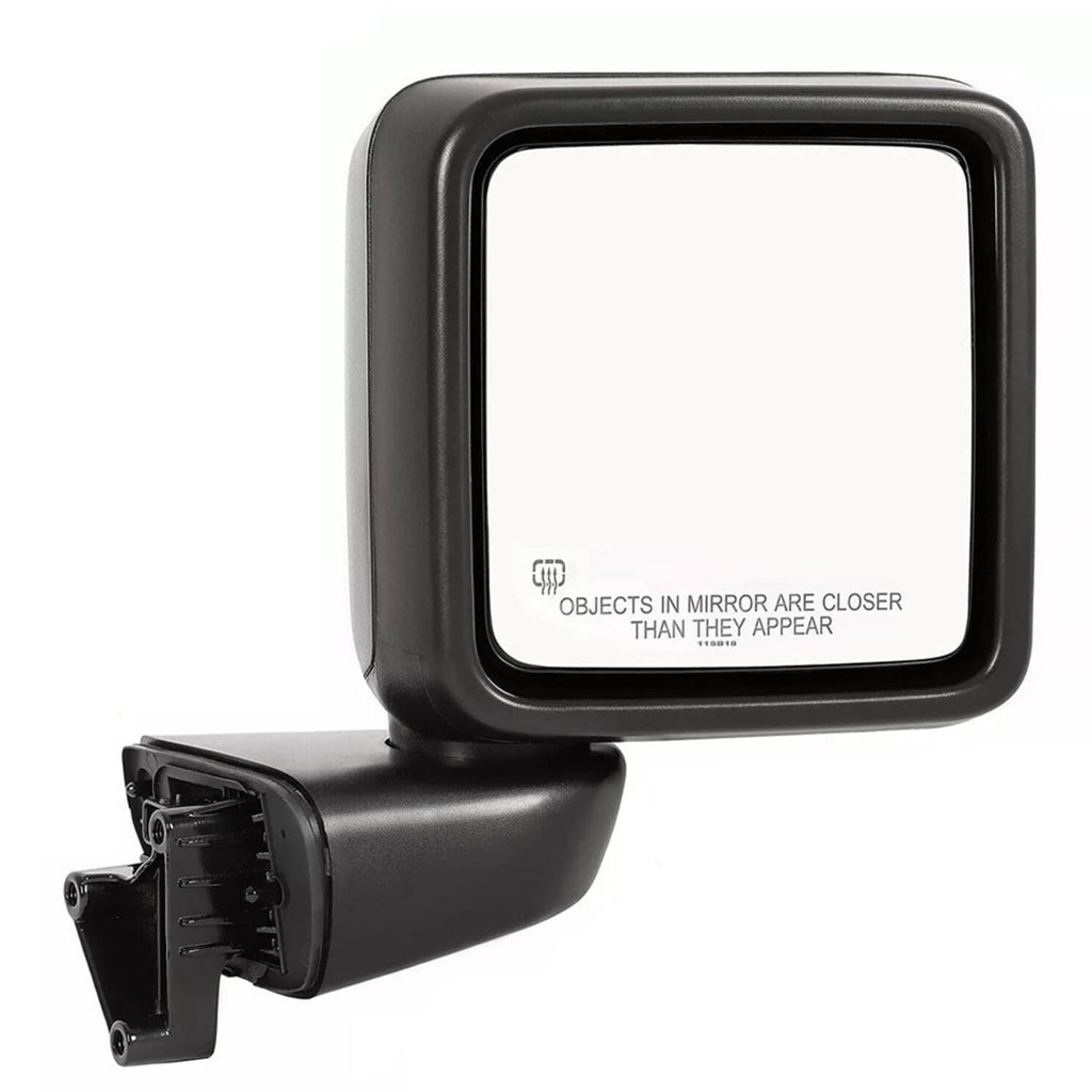 Black heated power side mirror with front glass and rear mounting bracket.