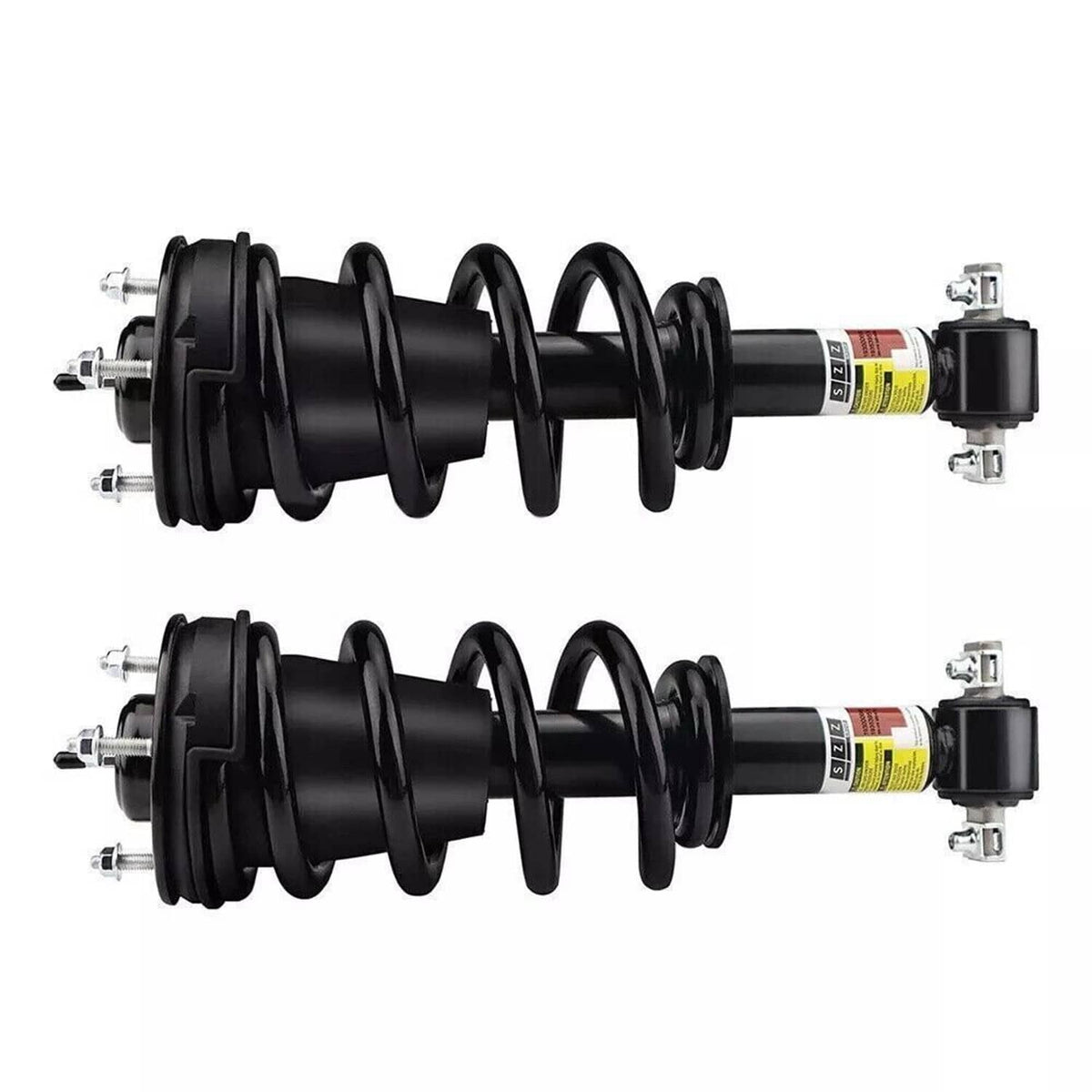 Pair of front shock struts with black coil springs and top/bottom mounting hardware