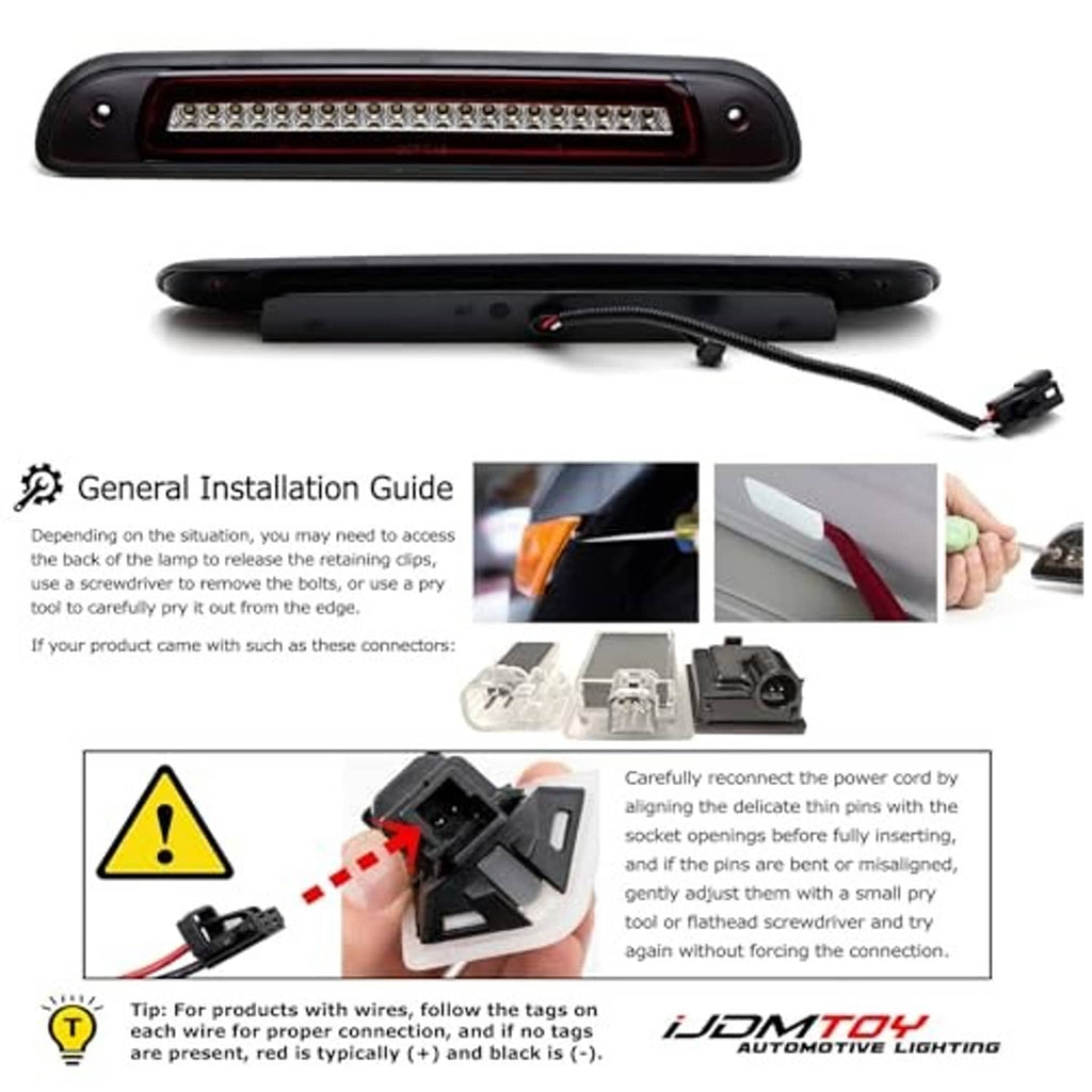 High mount third brake light with clear lens strip and attached wiring cable