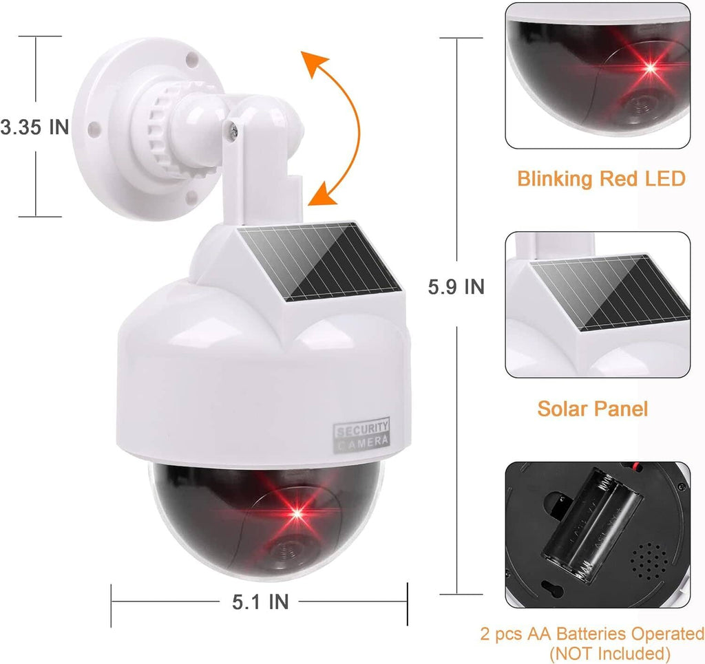 White fake security camera with built-in solar panel and red LED blinking lens