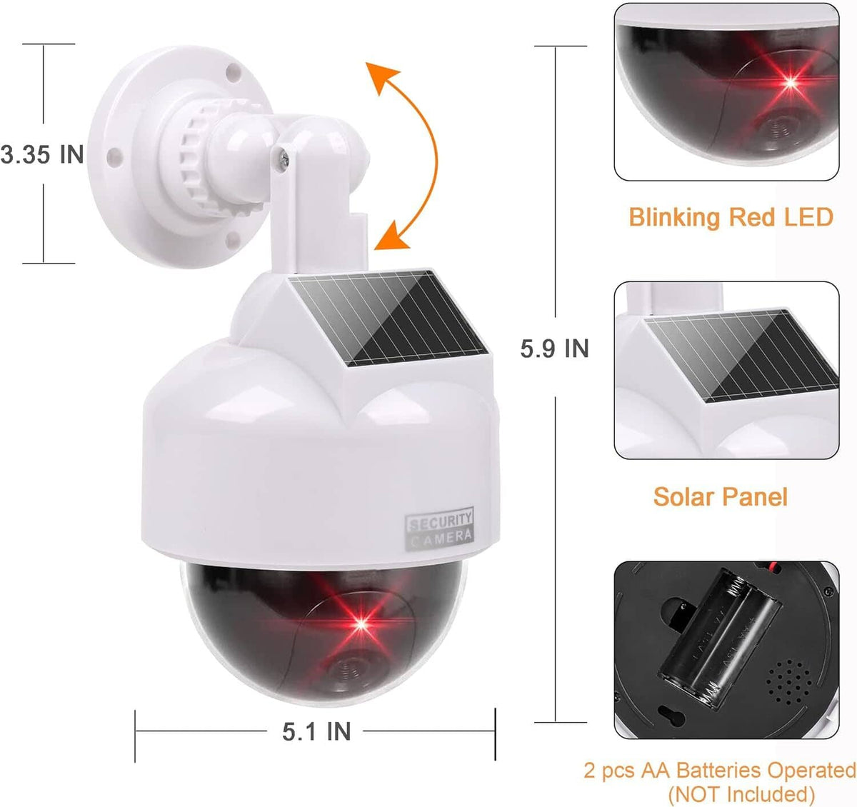 White fake security camera with built-in solar panel and red LED blinking lens