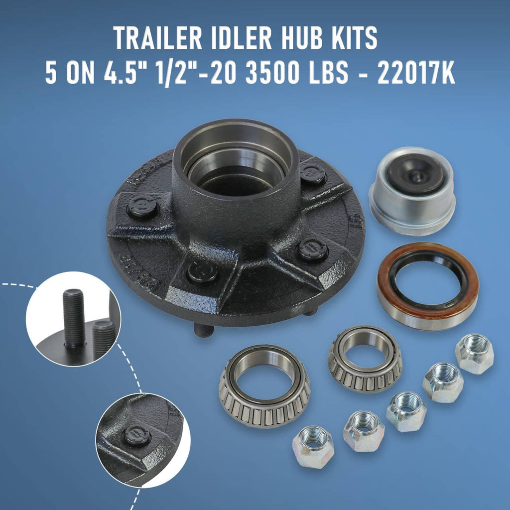 Trailer idler hub kit with two black hub assemblies, seals, bearings, and hex nuts