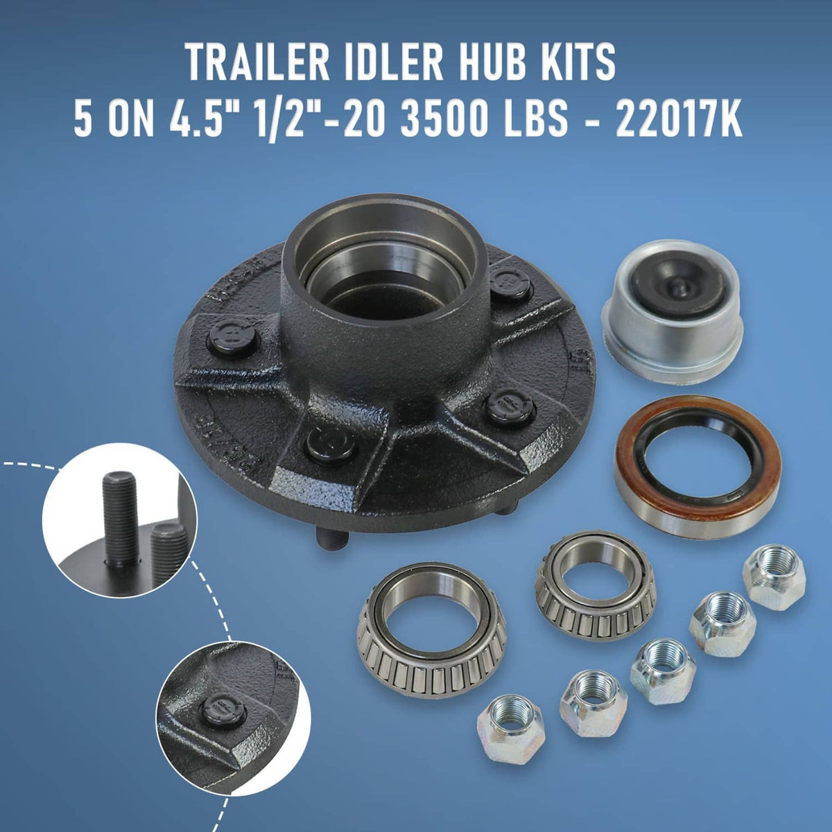 Trailer idler hub kit with two black hub assemblies, seals, bearings, and hex nuts
