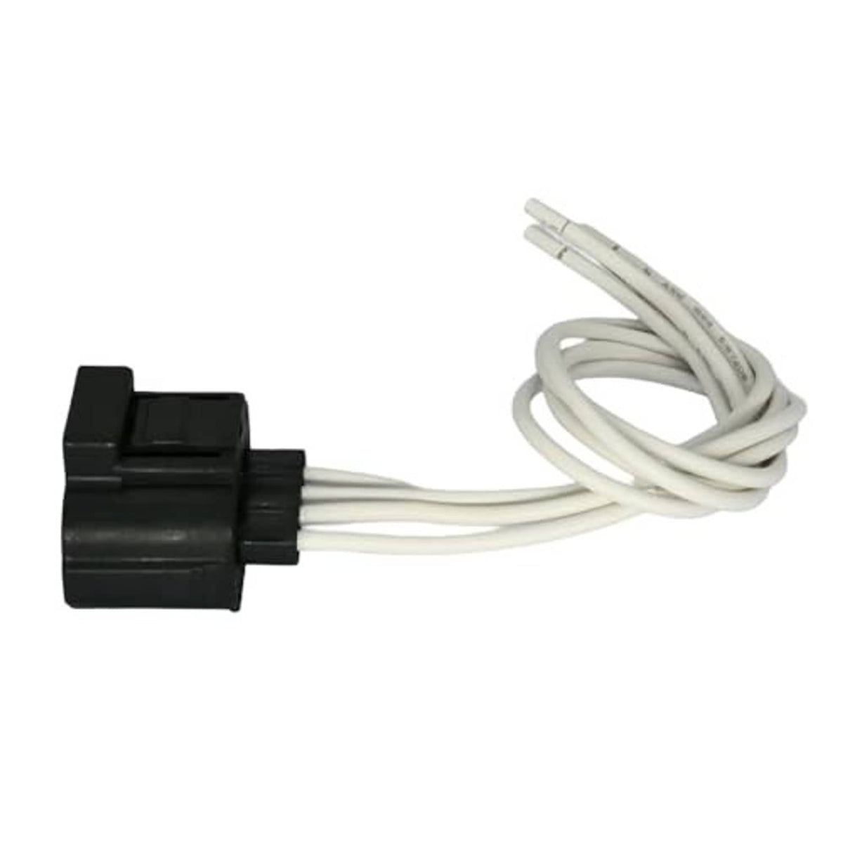 Throttle position sensor wiring harness connector with black plug and white wires with terminals