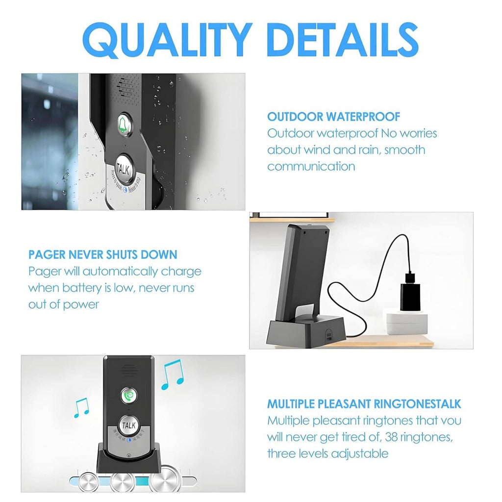 Black intercom pager on dock with charging cable; outdoor waterproof quality detail