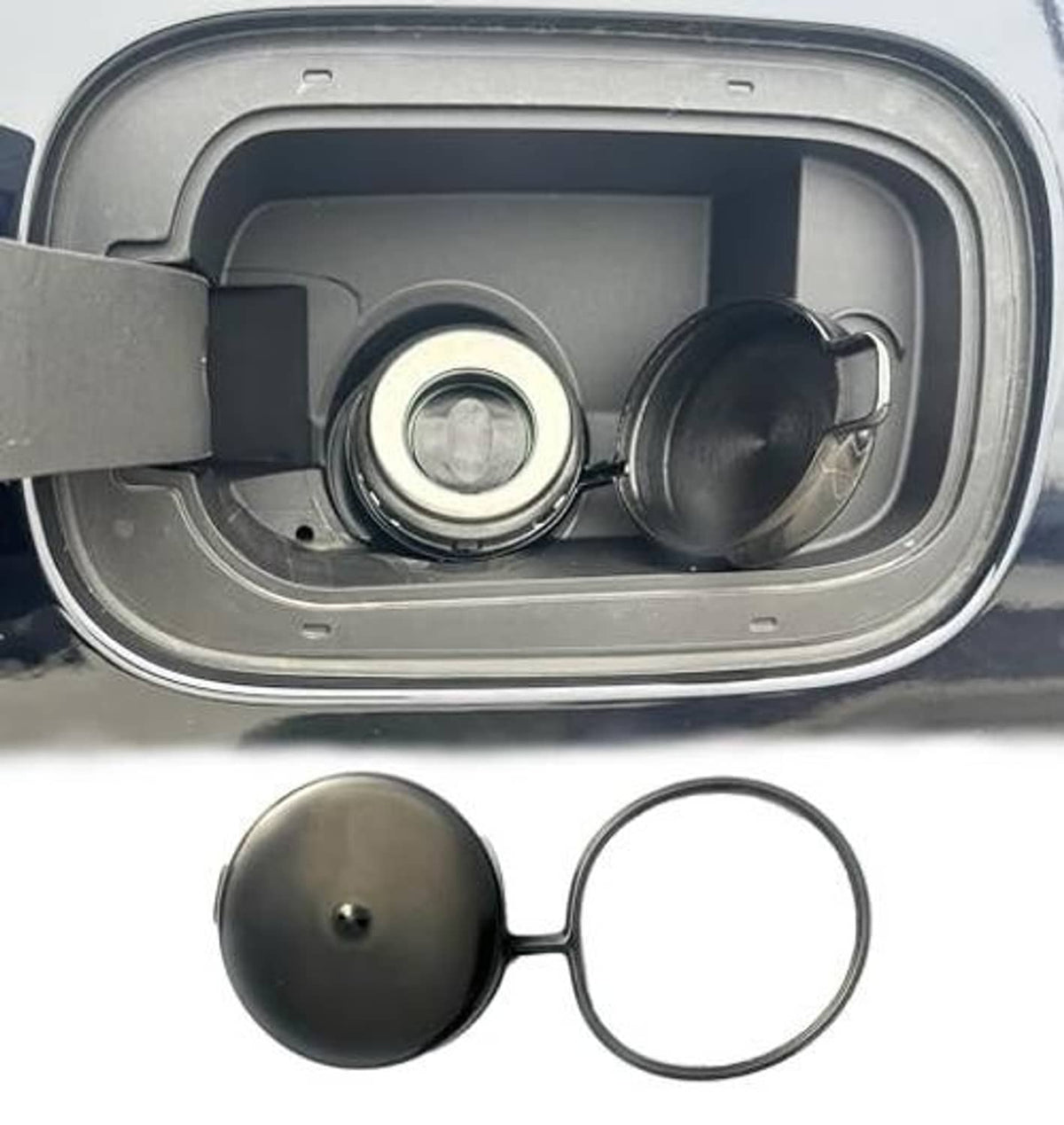 Tethered capless gas cover set with dark cap and round sealing ring
