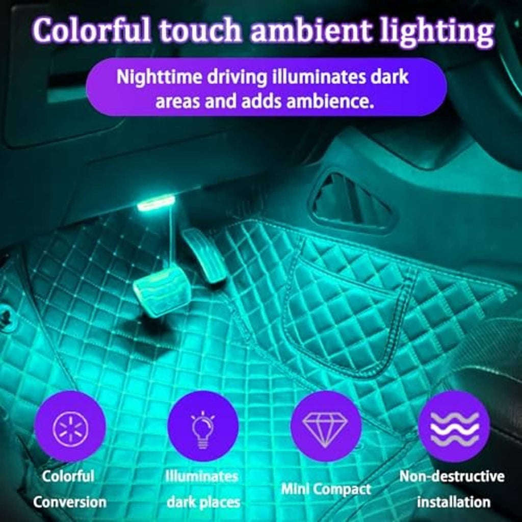 Car interior ambient LED light glowing teal under the seat with touch controls