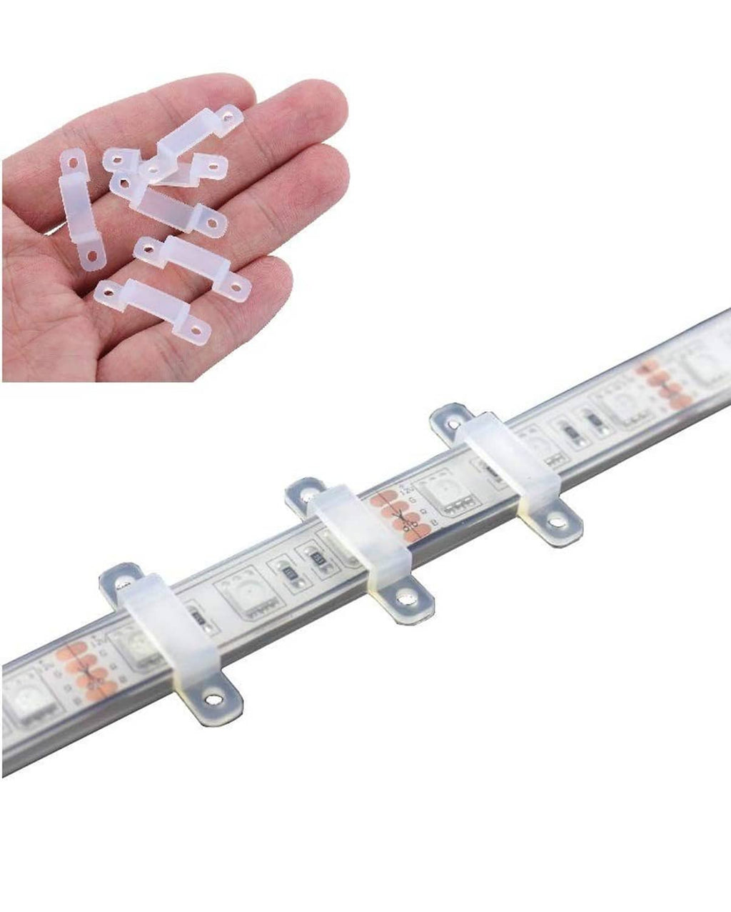 White mounting brackets for 12mm LED strip lights, shown in hand