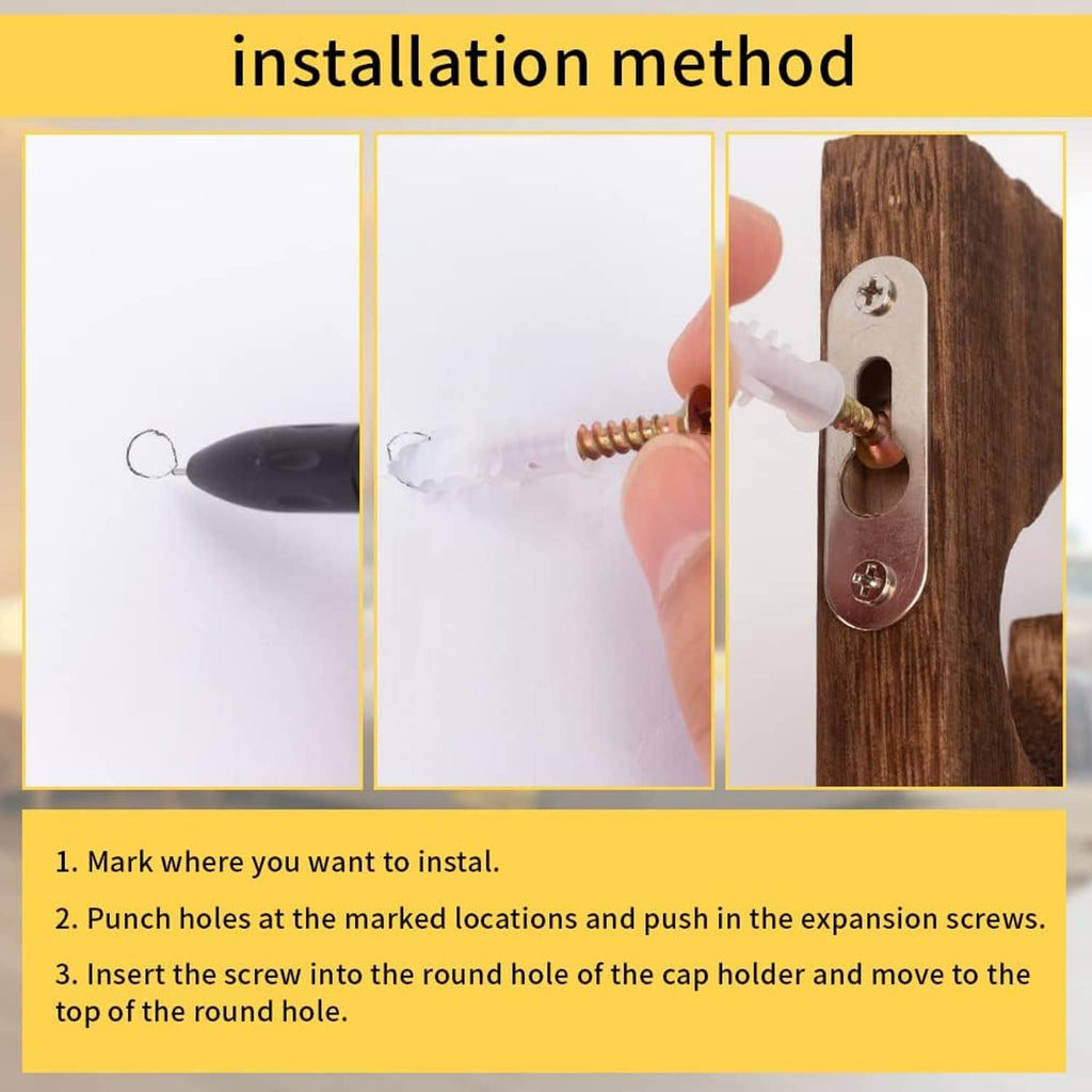Wooden cap holder rack installation with expansion screw and anchor plate