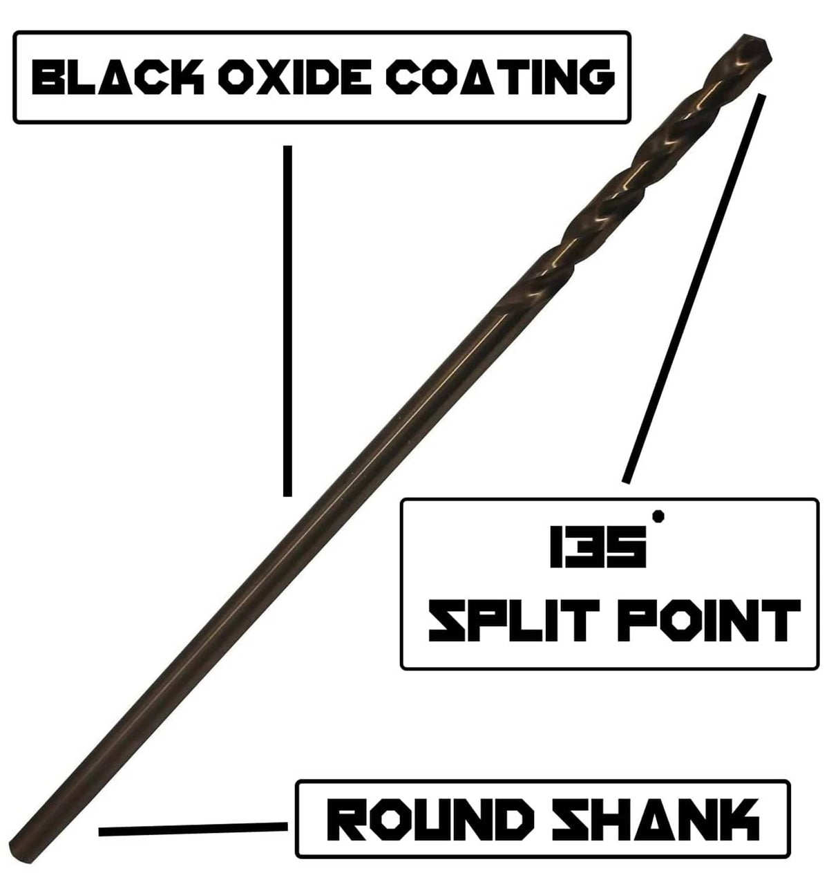 Black oxide coated 1/16 in split-point aircraft drill bit, round shank