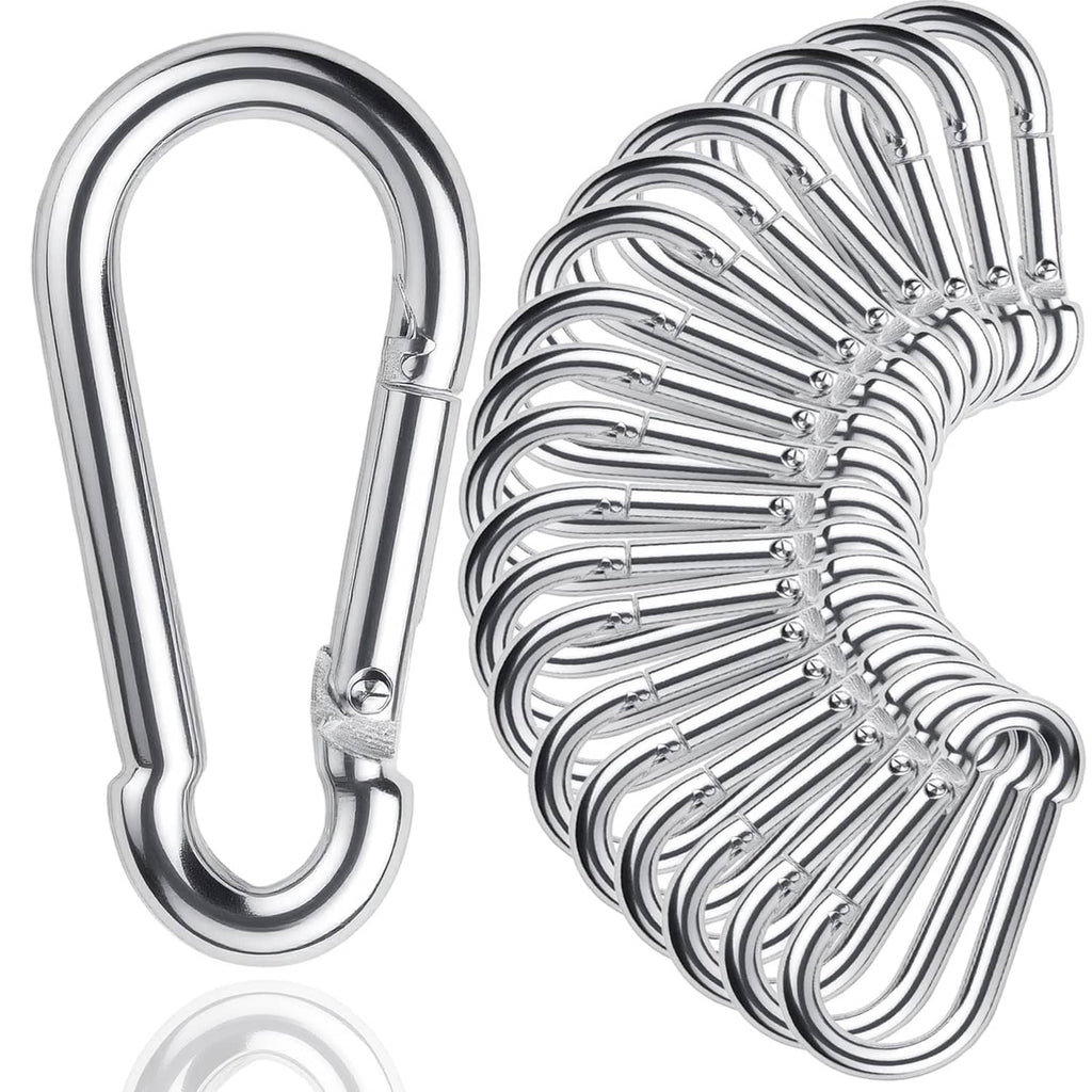 Large silver spring snap hook with bundled matching carabiners, shiny metal finish