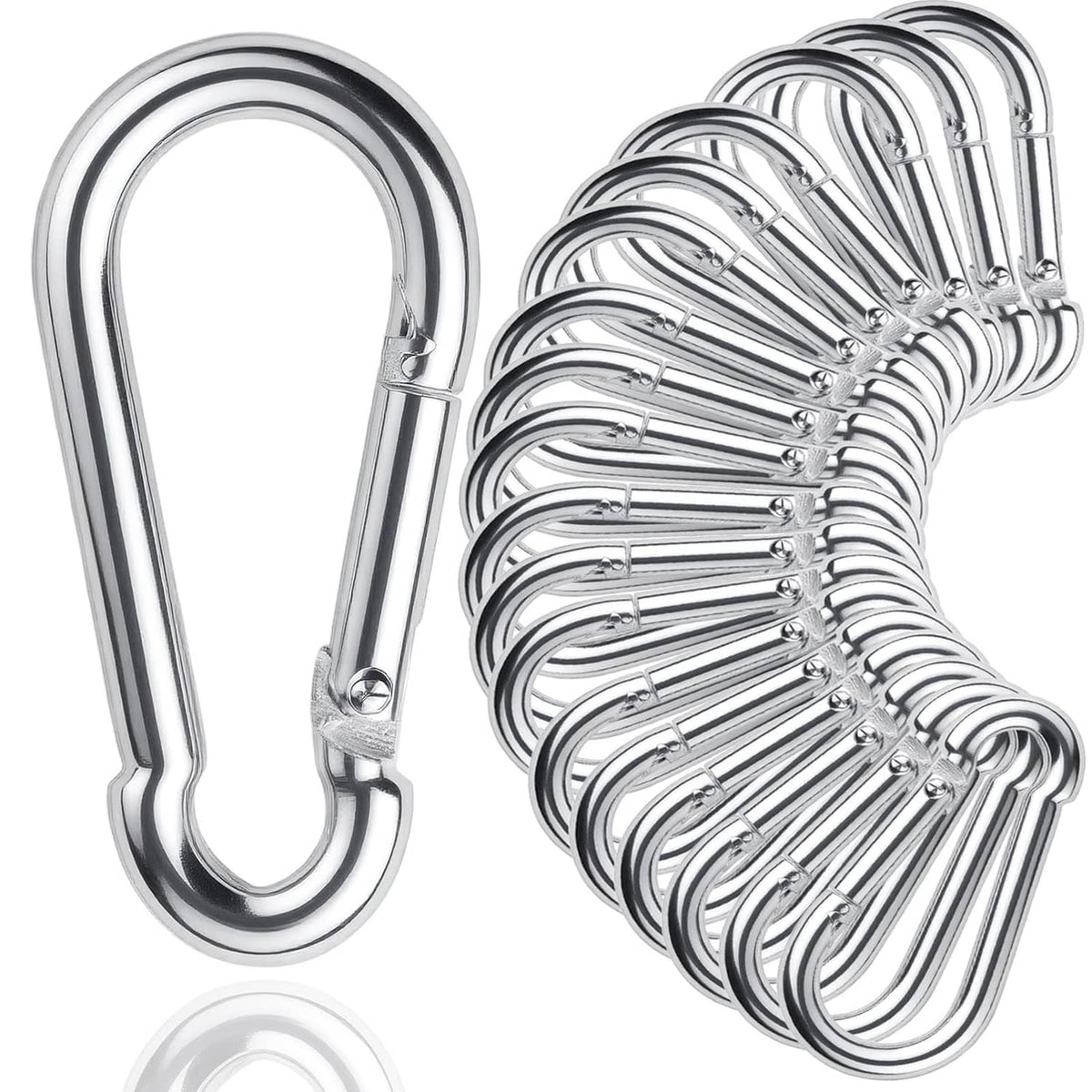 Large silver spring snap hook with bundled matching carabiners, shiny metal finish