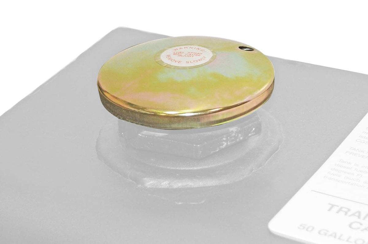 Vented transfer tank cap top on clear plastic base, iridescent metallic gold