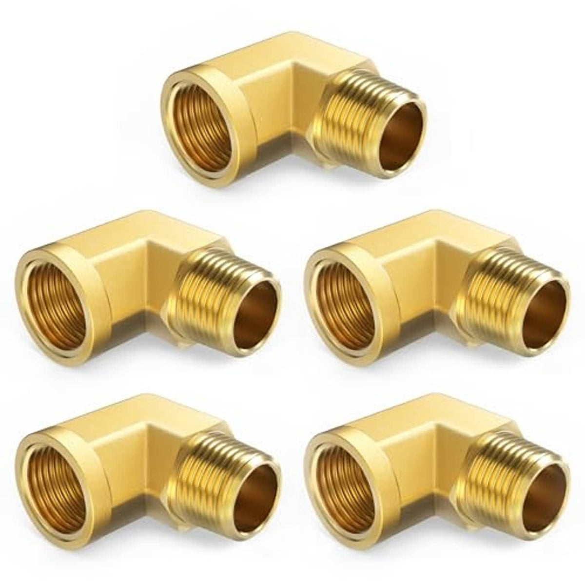 Brass 90-degree elbow pipe fittings with female NPT threads, multiple pack pieces