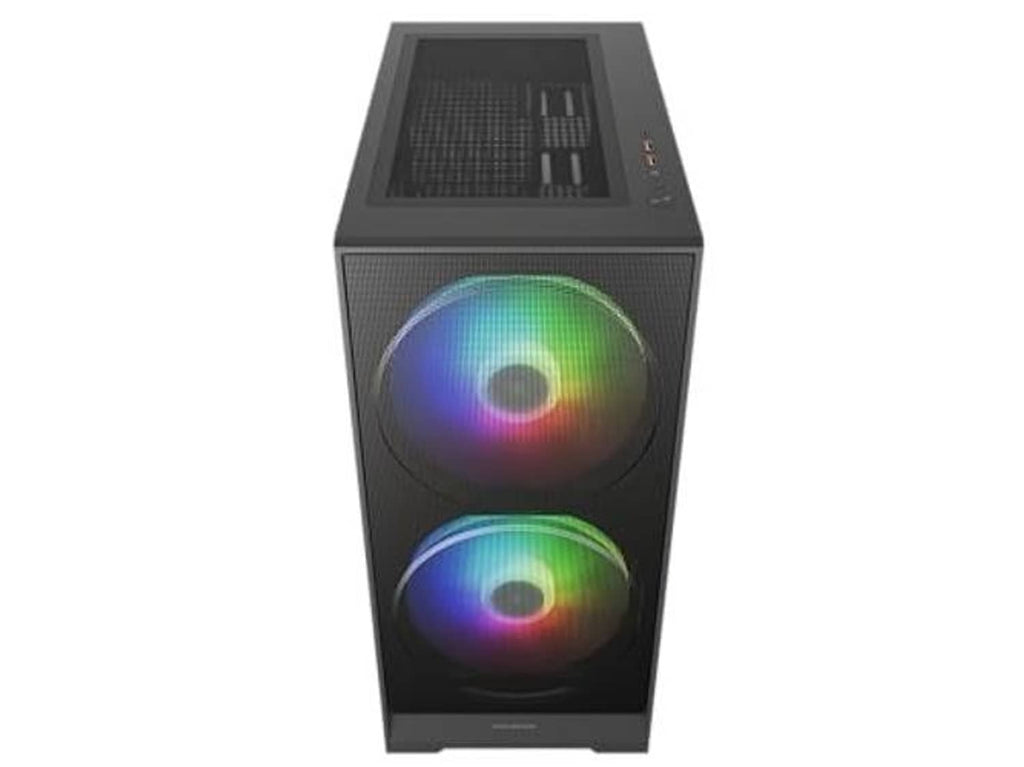 Black ATX mid-tower case with two rainbow RGB fans and top vented section