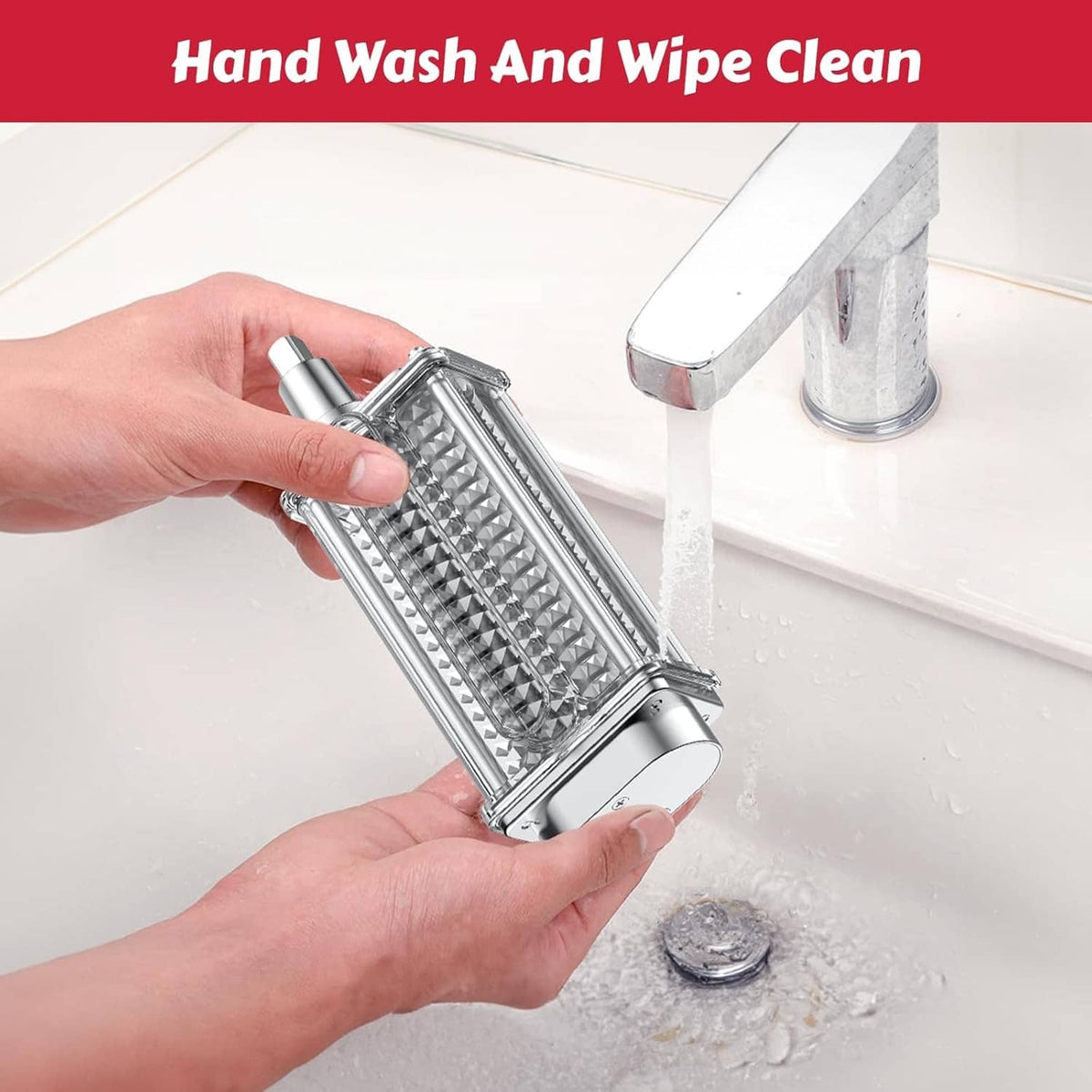 Meat tenderizer attachment held for cleaning, chrome roller with deep teeth