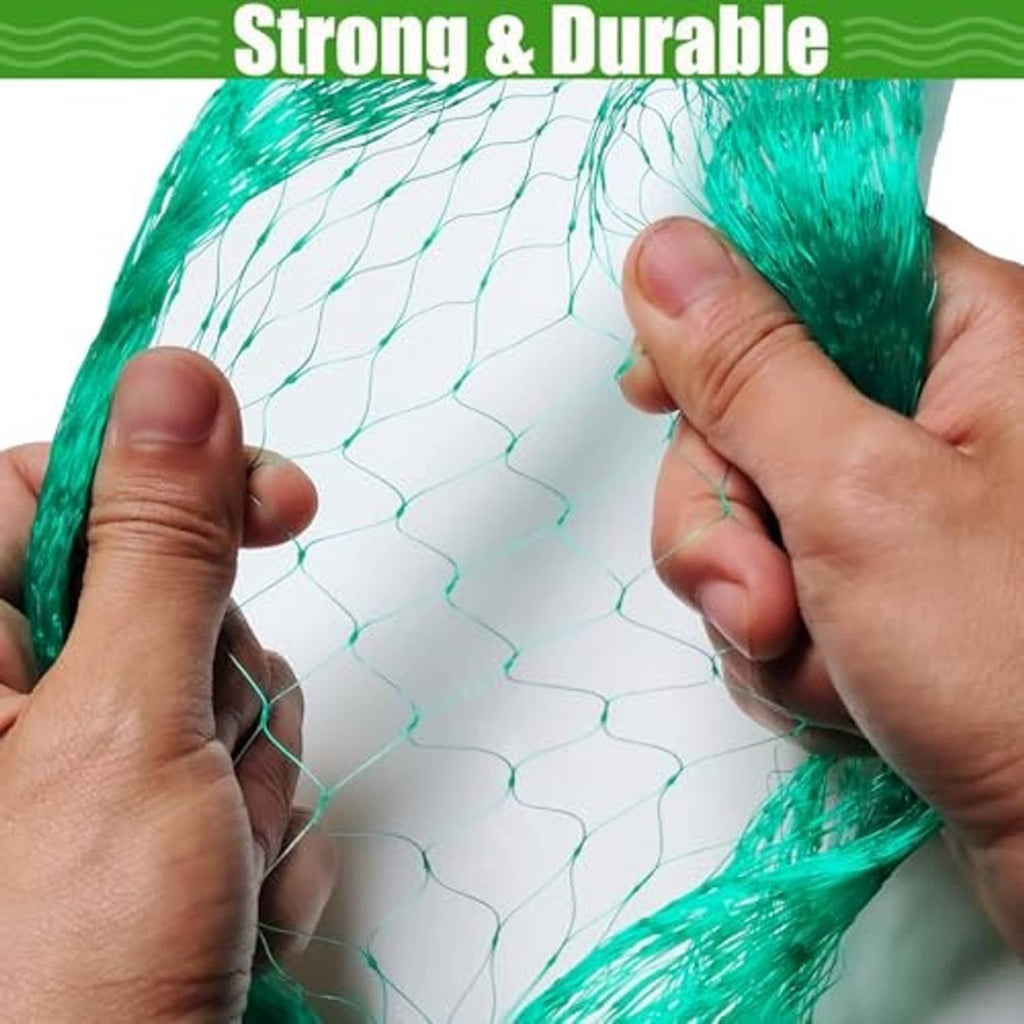 Green bird netting mesh held and stretched by hands, fine protective grid