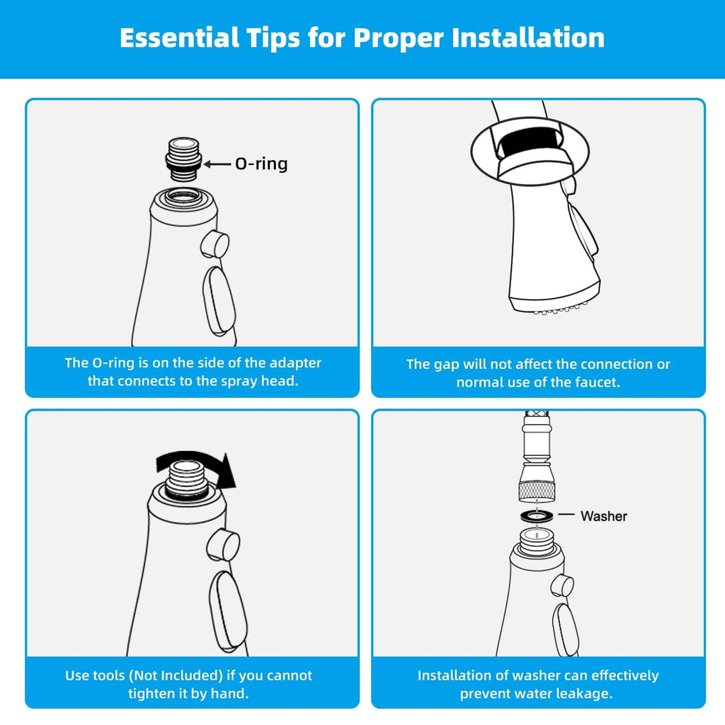 Faucet spray head installation diagram with O-ring and washer connection parts