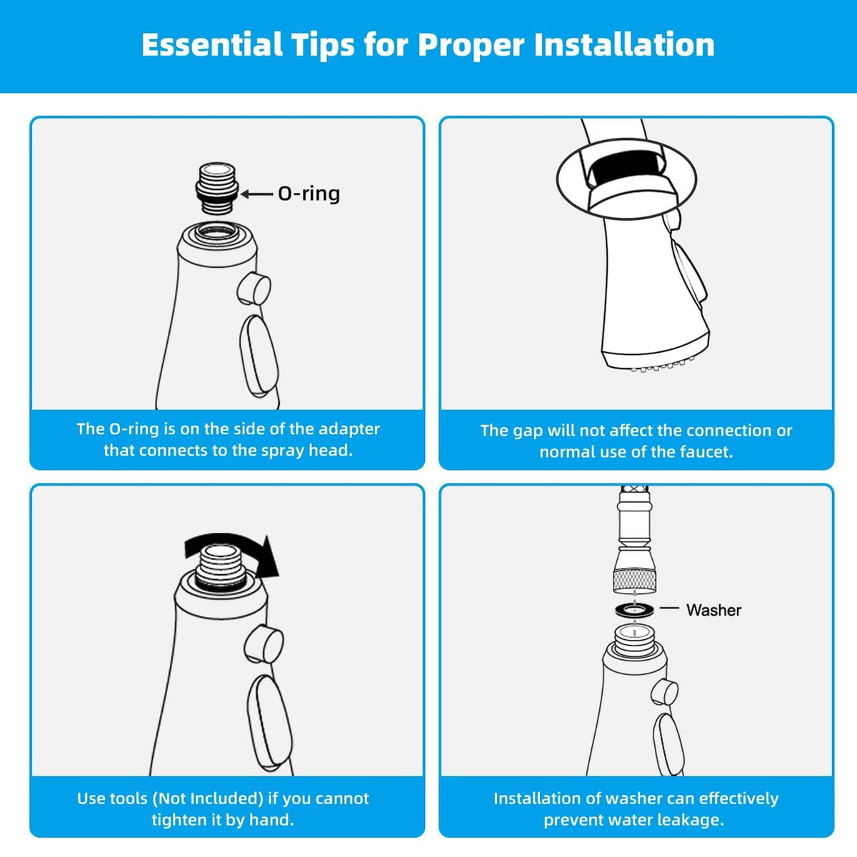 Faucet spray head installation diagram with O-ring and washer connection parts