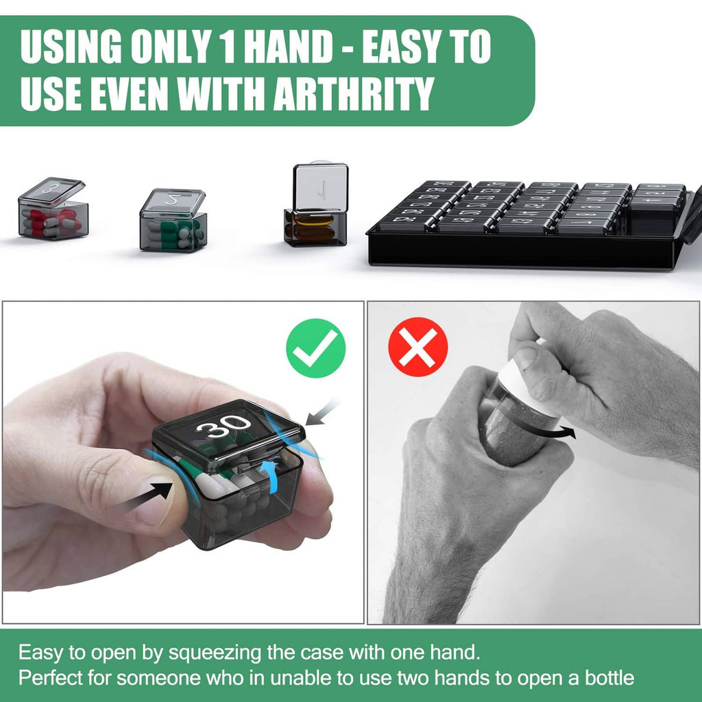 Clear-top pill organizer box with numbered compartments and one-hand squeeze design