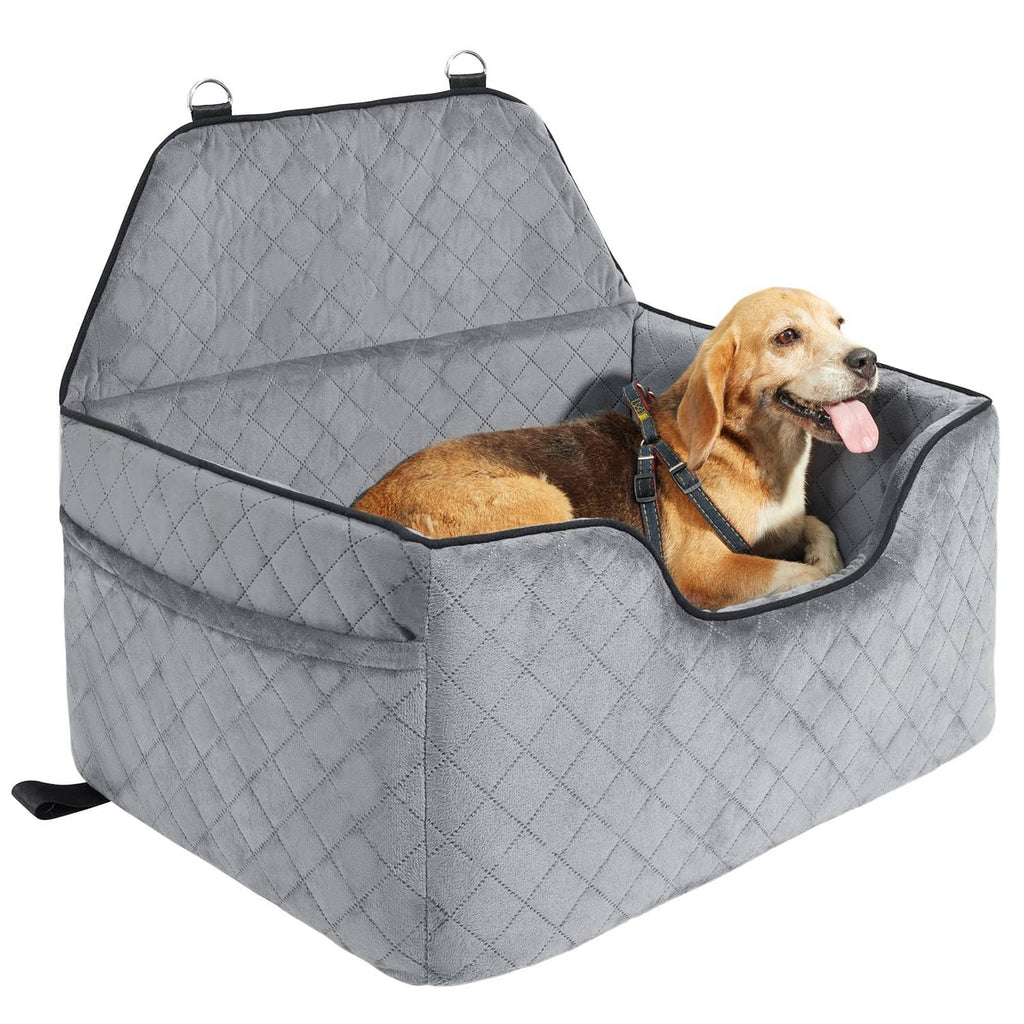 Gray quilted dog booster car seat with front opening and small dog inside
