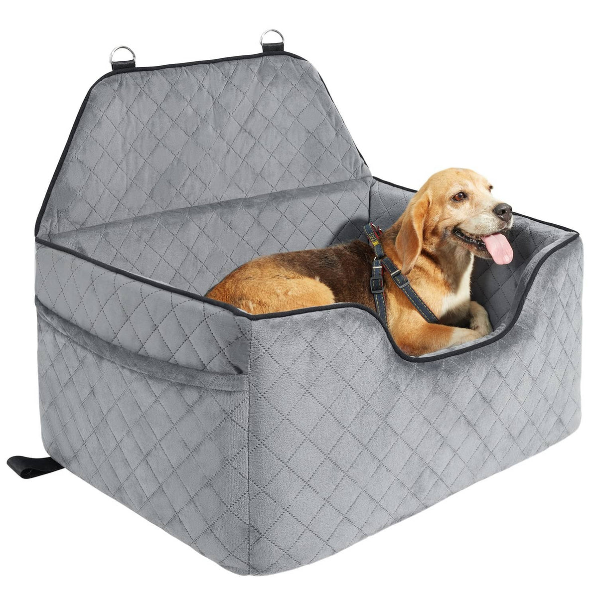 Gray quilted dog booster car seat with front opening and small dog inside
