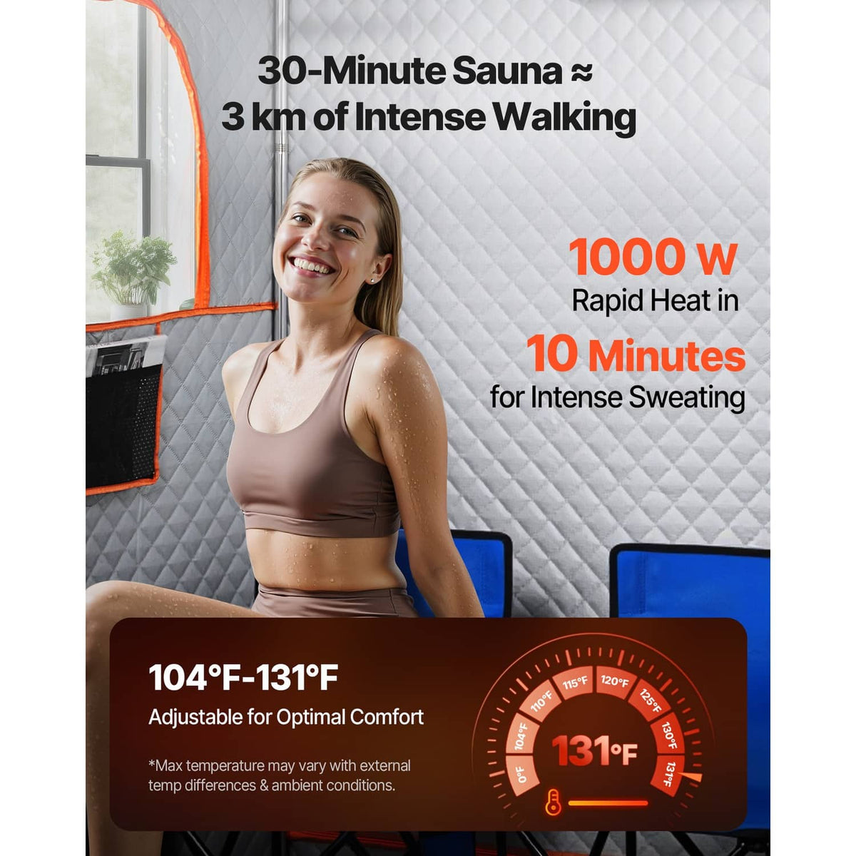 Portable steam sauna tent front panel with black quilted insulation and orange trim