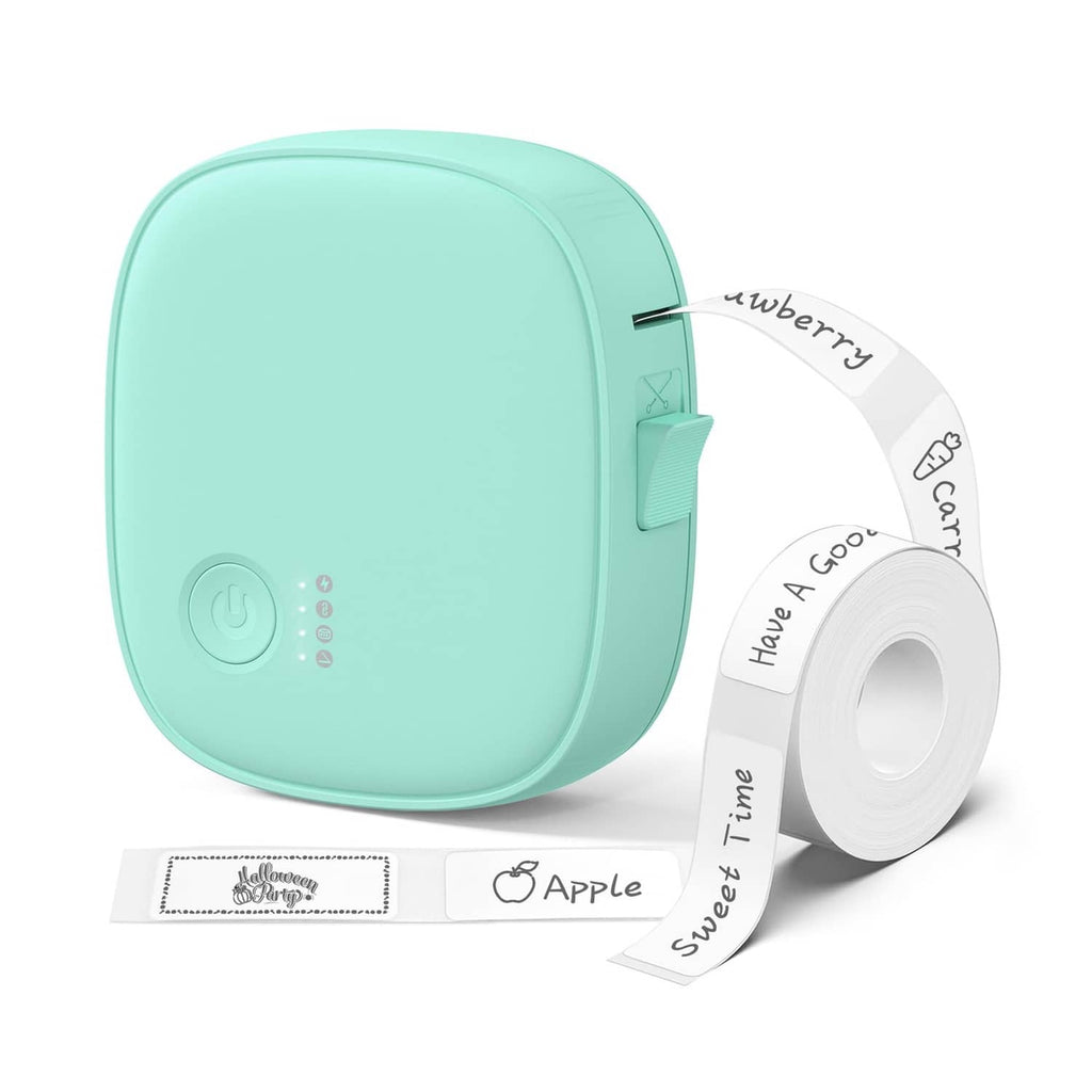 Mint green portable mini label maker with tape roll and blank label strips