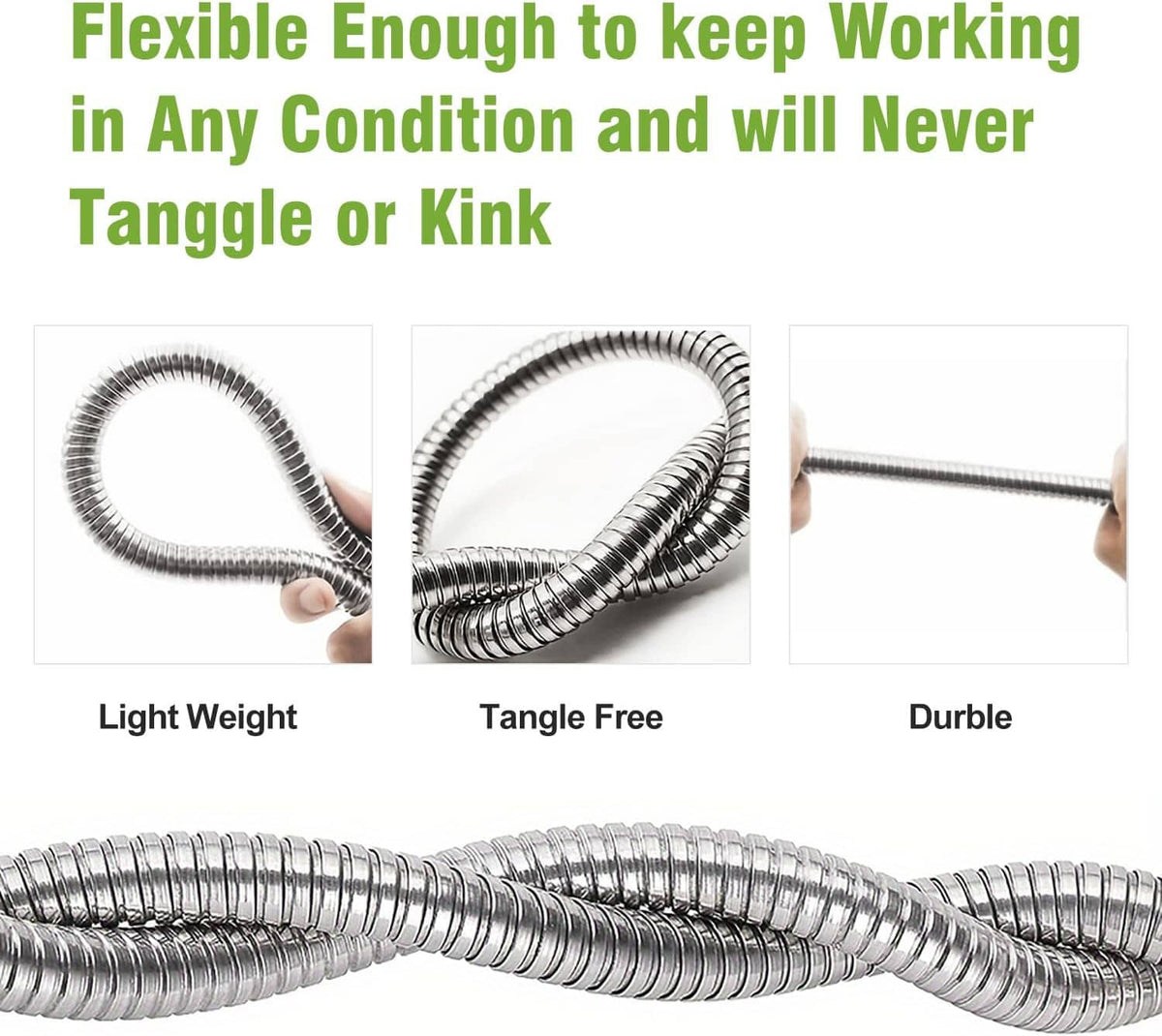Flexible coiled stainless steel garden hose with silver spring metal tubing