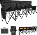 Black folding 6-seat soccer bench with back panel and side storage pocket