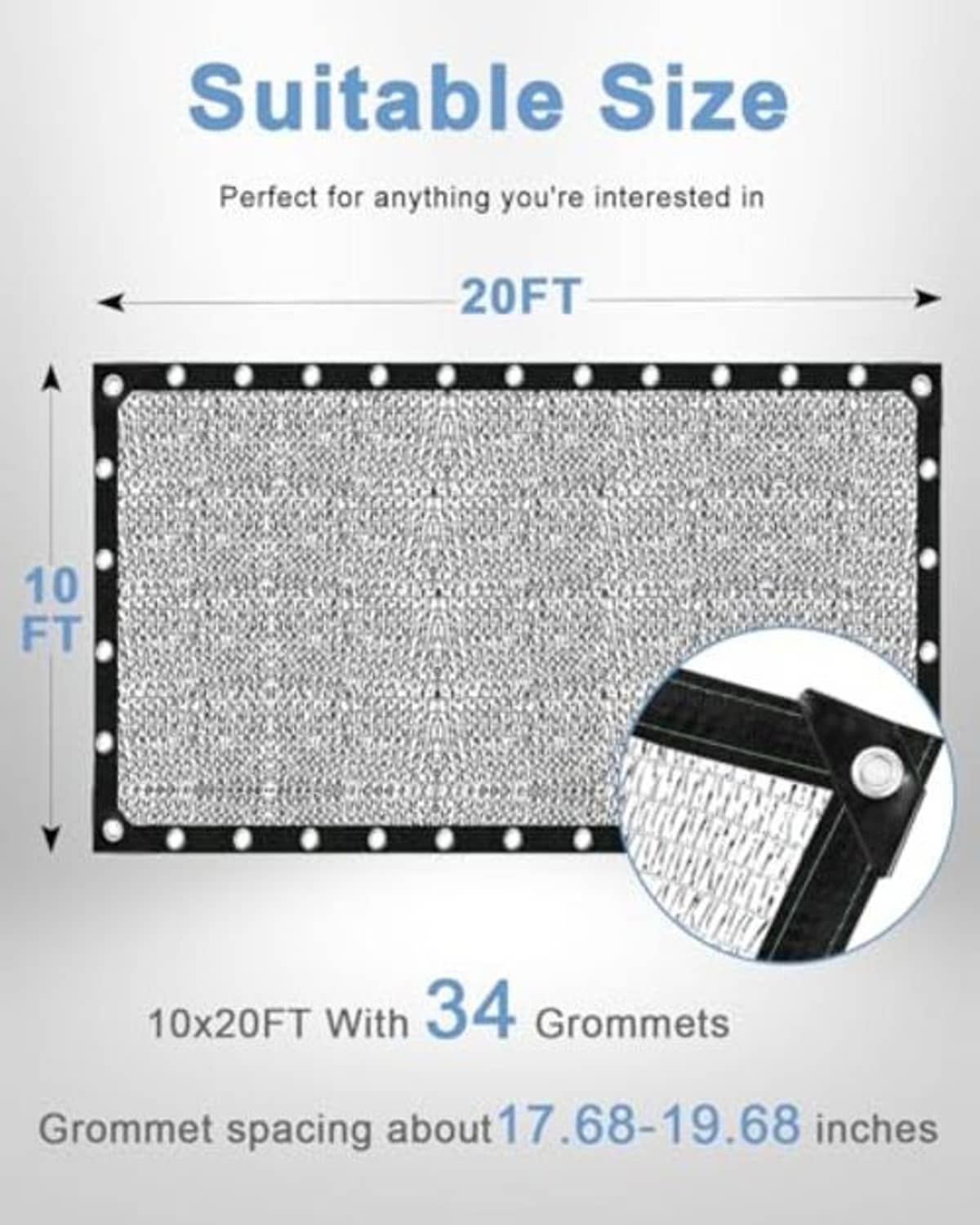 Reflective shade cloth rectangle with silver mesh and evenly spaced grommets, labeled 10x20FT