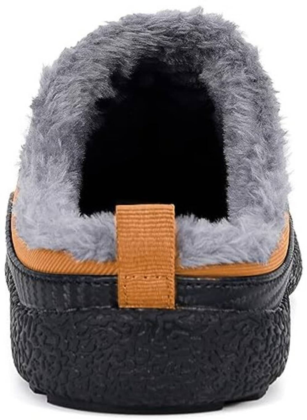 Orange slipper interior with open toe and gray faux-fur lining, black outer