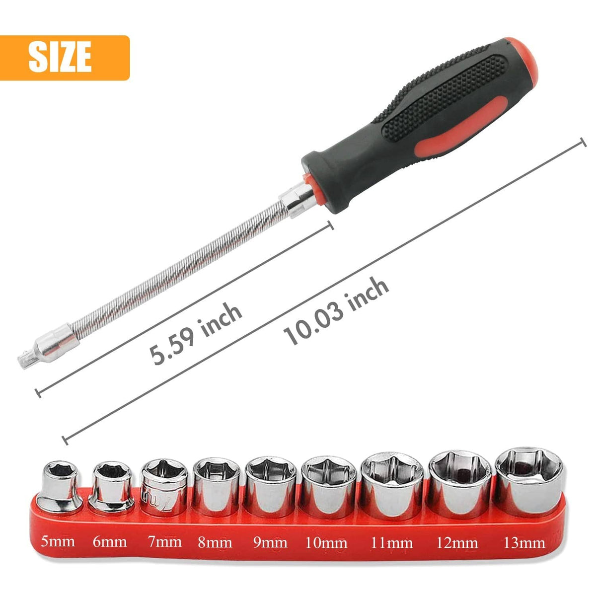 Belt changing socket wrench with textured black-and-red handle and long extension shaft